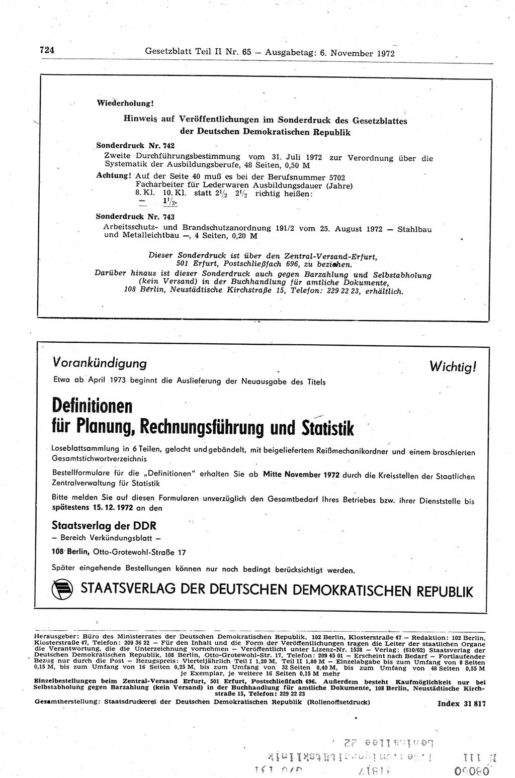 Gesetzblatt (GBl.) der Deutschen Demokratischen Republik (DDR) Teil ⅠⅠ 1972, Seite 724 (GBl. DDR ⅠⅠ 1972, S. 724)