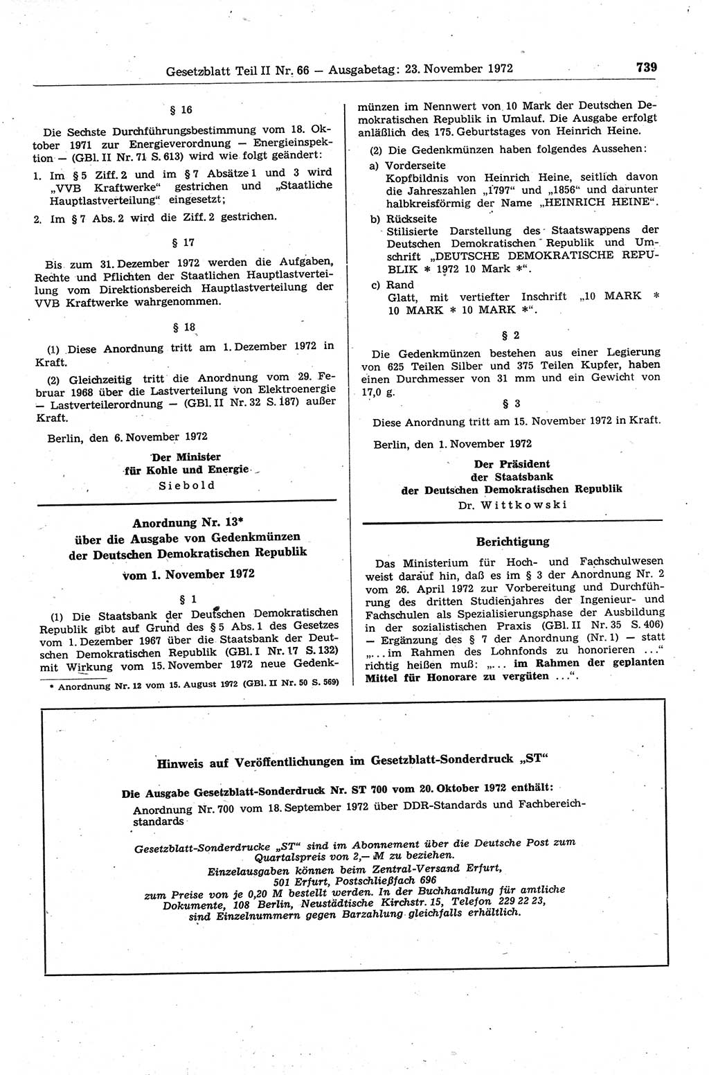 Gesetzblatt (GBl.) der Deutschen Demokratischen Republik (DDR) Teil ⅠⅠ 1972, Seite 739 (GBl. DDR ⅠⅠ 1972, S. 739)
