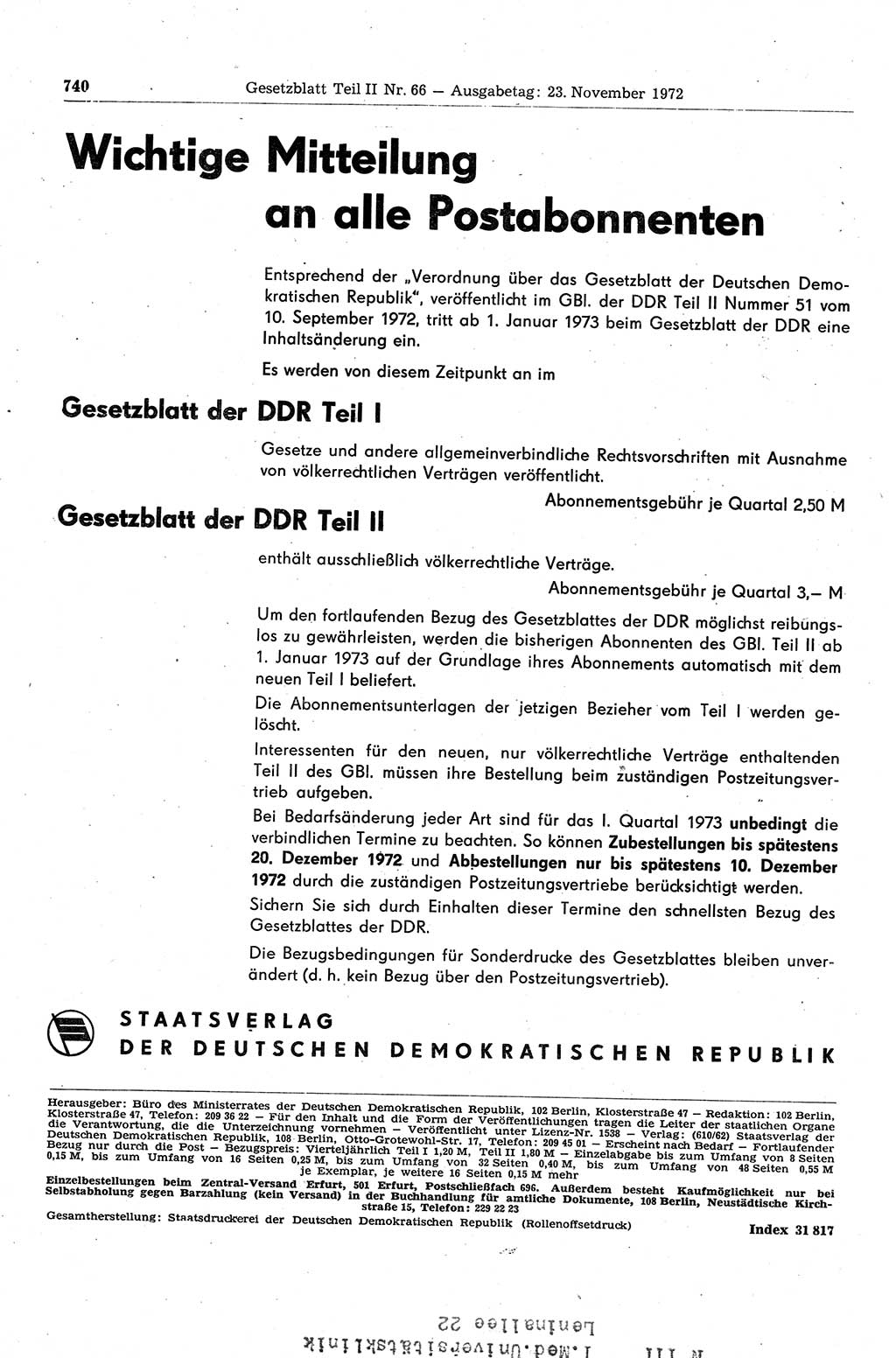 Gesetzblatt (GBl.) der Deutschen Demokratischen Republik (DDR) Teil ⅠⅠ 1972, Seite 740 (GBl. DDR ⅠⅠ 1972, S. 740)