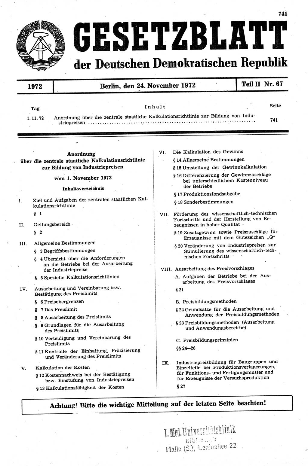 Gesetzblatt (GBl.) der Deutschen Demokratischen Republik (DDR) Teil ⅠⅠ 1972, Seite 741 (GBl. DDR ⅠⅠ 1972, S. 741)
