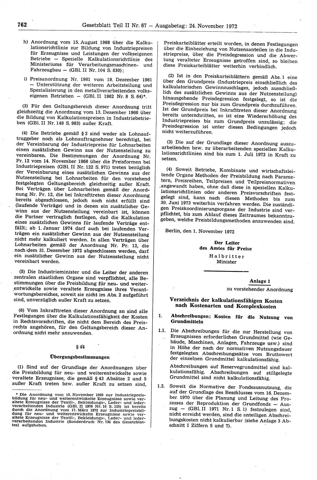 Gesetzblatt (GBl.) der Deutschen Demokratischen Republik (DDR) Teil ⅠⅠ 1972, Seite 762 (GBl. DDR ⅠⅠ 1972, S. 762)