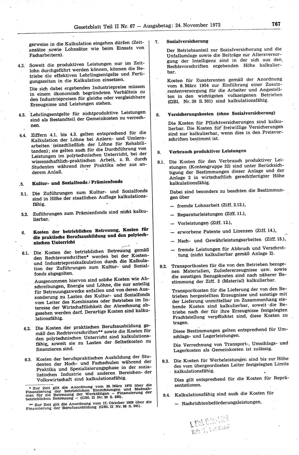 Gesetzblatt (GBl.) der Deutschen Demokratischen Republik (DDR) Teil ⅠⅠ 1972, Seite 767 (GBl. DDR ⅠⅠ 1972, S. 767)