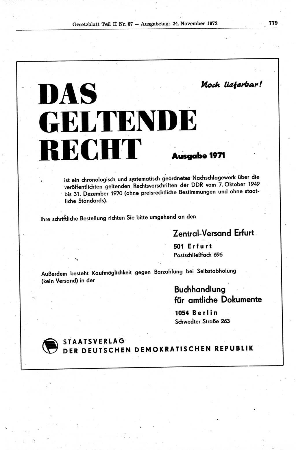 Gesetzblatt (GBl.) der Deutschen Demokratischen Republik (DDR) Teil ⅠⅠ 1972, Seite 779 (GBl. DDR ⅠⅠ 1972, S. 779)