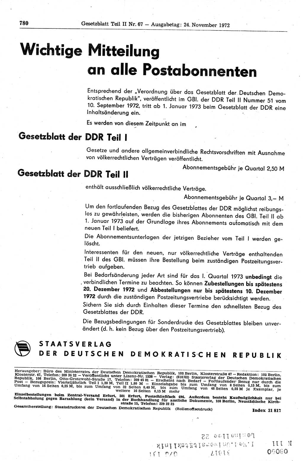 Gesetzblatt (GBl.) der Deutschen Demokratischen Republik (DDR) Teil ⅠⅠ 1972, Seite 780 (GBl. DDR ⅠⅠ 1972, S. 780)