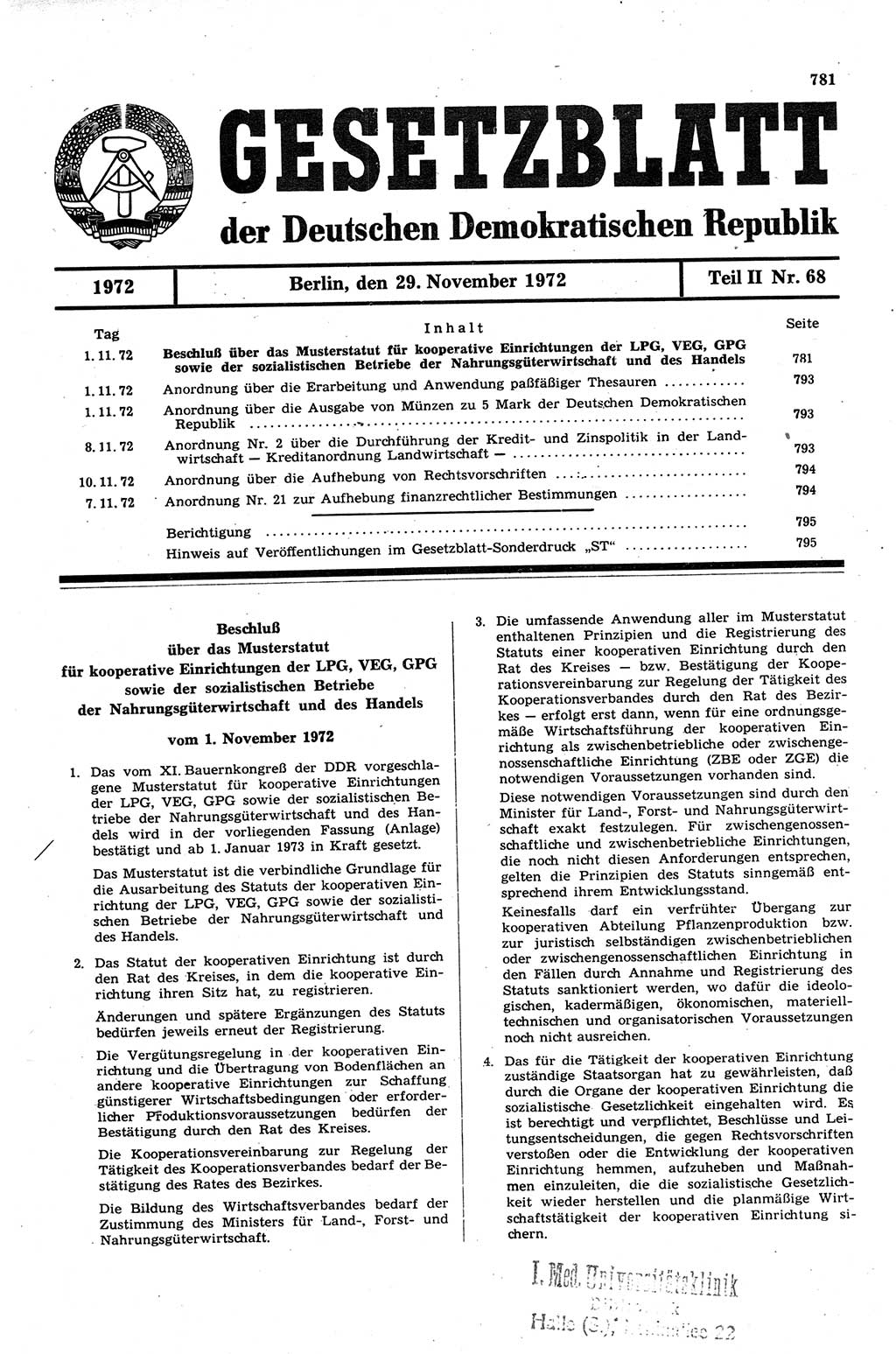 Gesetzblatt (GBl.) der Deutschen Demokratischen Republik (DDR) Teil ⅠⅠ 1972, Seite 781 (GBl. DDR ⅠⅠ 1972, S. 781)