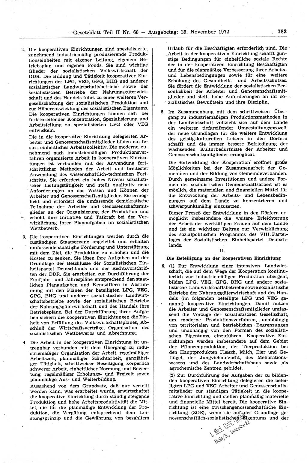 Gesetzblatt (GBl.) der Deutschen Demokratischen Republik (DDR) Teil ⅠⅠ 1972, Seite 783 (GBl. DDR ⅠⅠ 1972, S. 783)