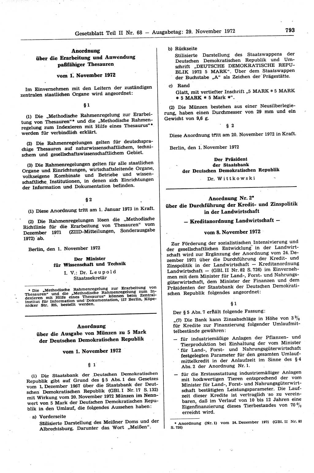 Gesetzblatt (GBl.) der Deutschen Demokratischen Republik (DDR) Teil ⅠⅠ 1972, Seite 793 (GBl. DDR ⅠⅠ 1972, S. 793)