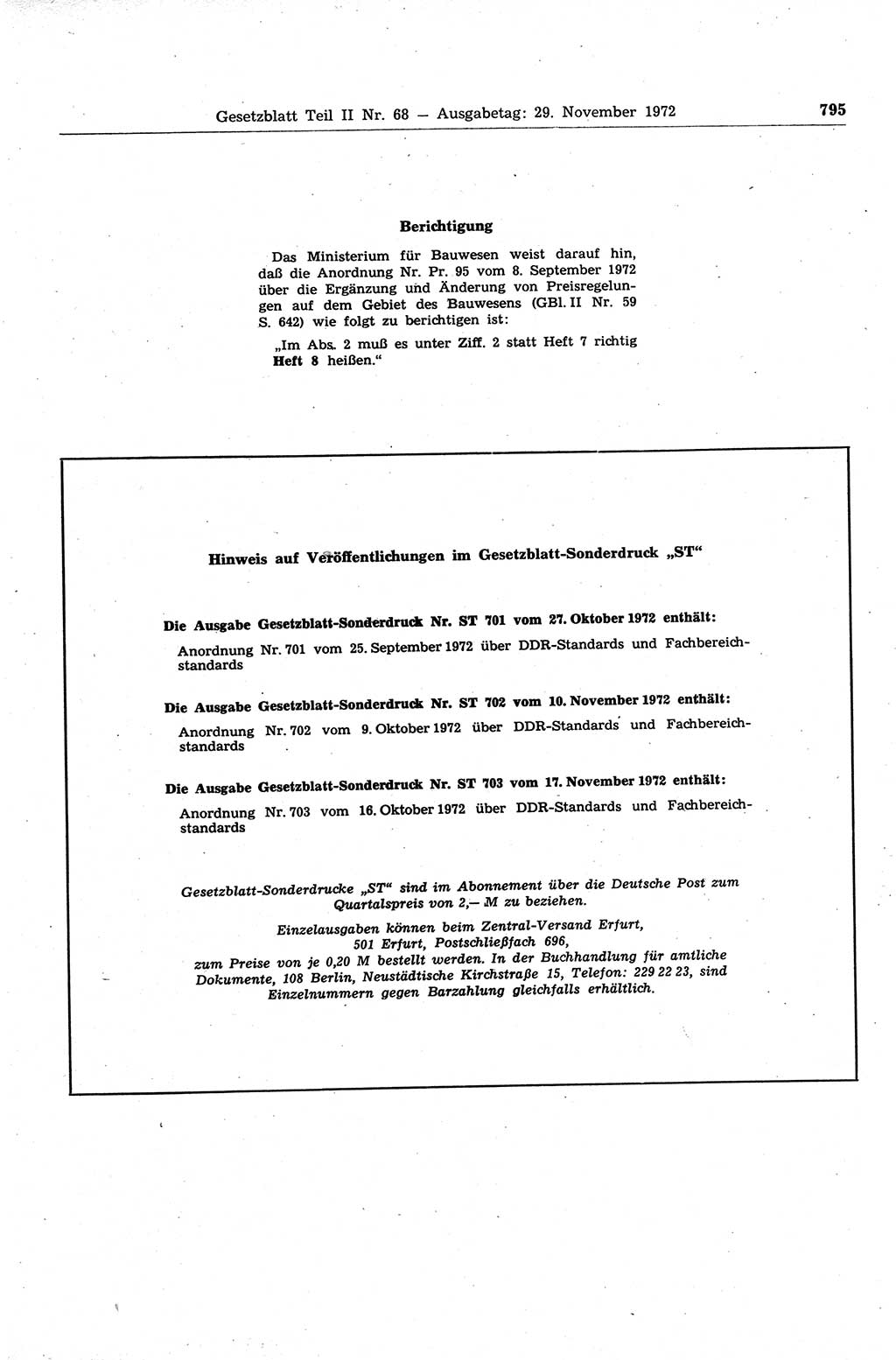 Gesetzblatt (GBl.) der Deutschen Demokratischen Republik (DDR) Teil ⅠⅠ 1972, Seite 795 (GBl. DDR ⅠⅠ 1972, S. 795)