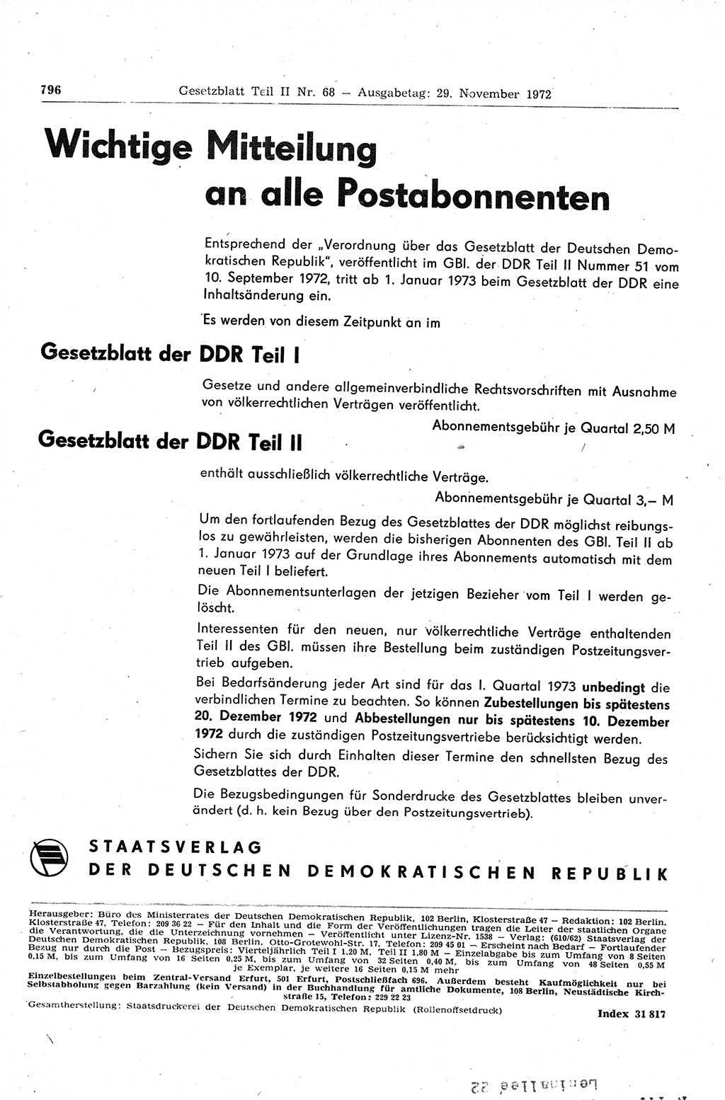Gesetzblatt (GBl.) der Deutschen Demokratischen Republik (DDR) Teil ⅠⅠ 1972, Seite 796 (GBl. DDR ⅠⅠ 1972, S. 796)