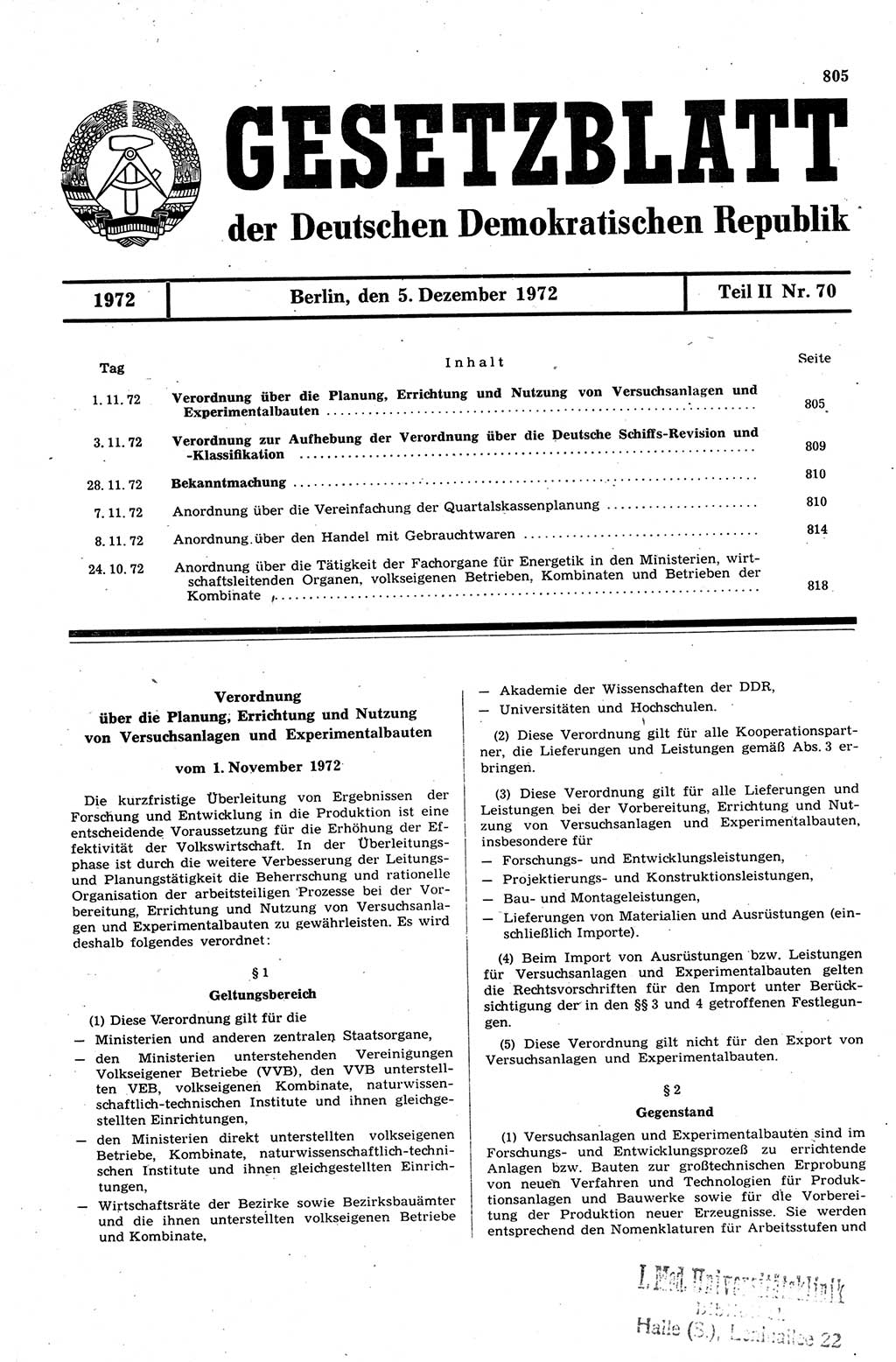 Gesetzblatt (GBl.) der Deutschen Demokratischen Republik (DDR) Teil ⅠⅠ 1972, Seite 805 (GBl. DDR ⅠⅠ 1972, S. 805)