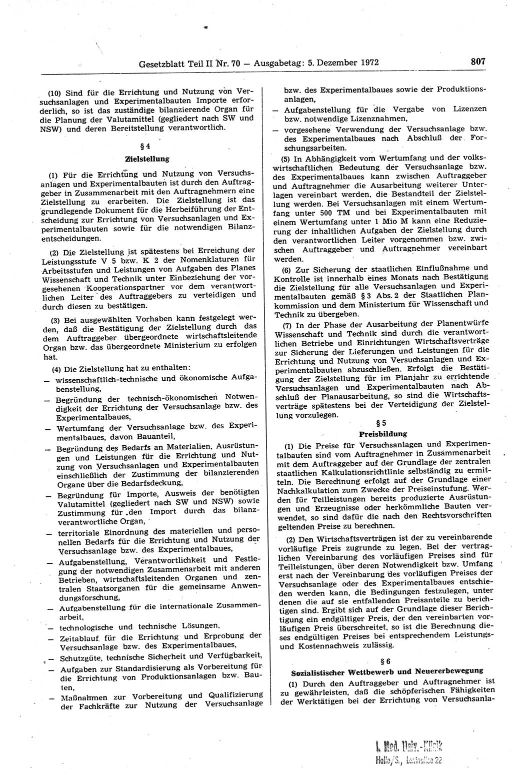 Gesetzblatt (GBl.) der Deutschen Demokratischen Republik (DDR) Teil ⅠⅠ 1972, Seite 807 (GBl. DDR ⅠⅠ 1972, S. 807)