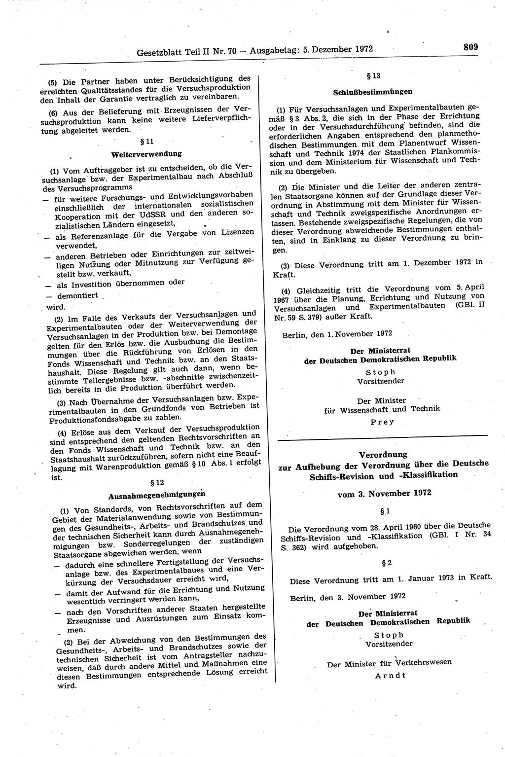 Gesetzblatt (GBl.) der Deutschen Demokratischen Republik (DDR) Teil ⅠⅠ 1972, Seite 809 (GBl. DDR ⅠⅠ 1972, S. 809)