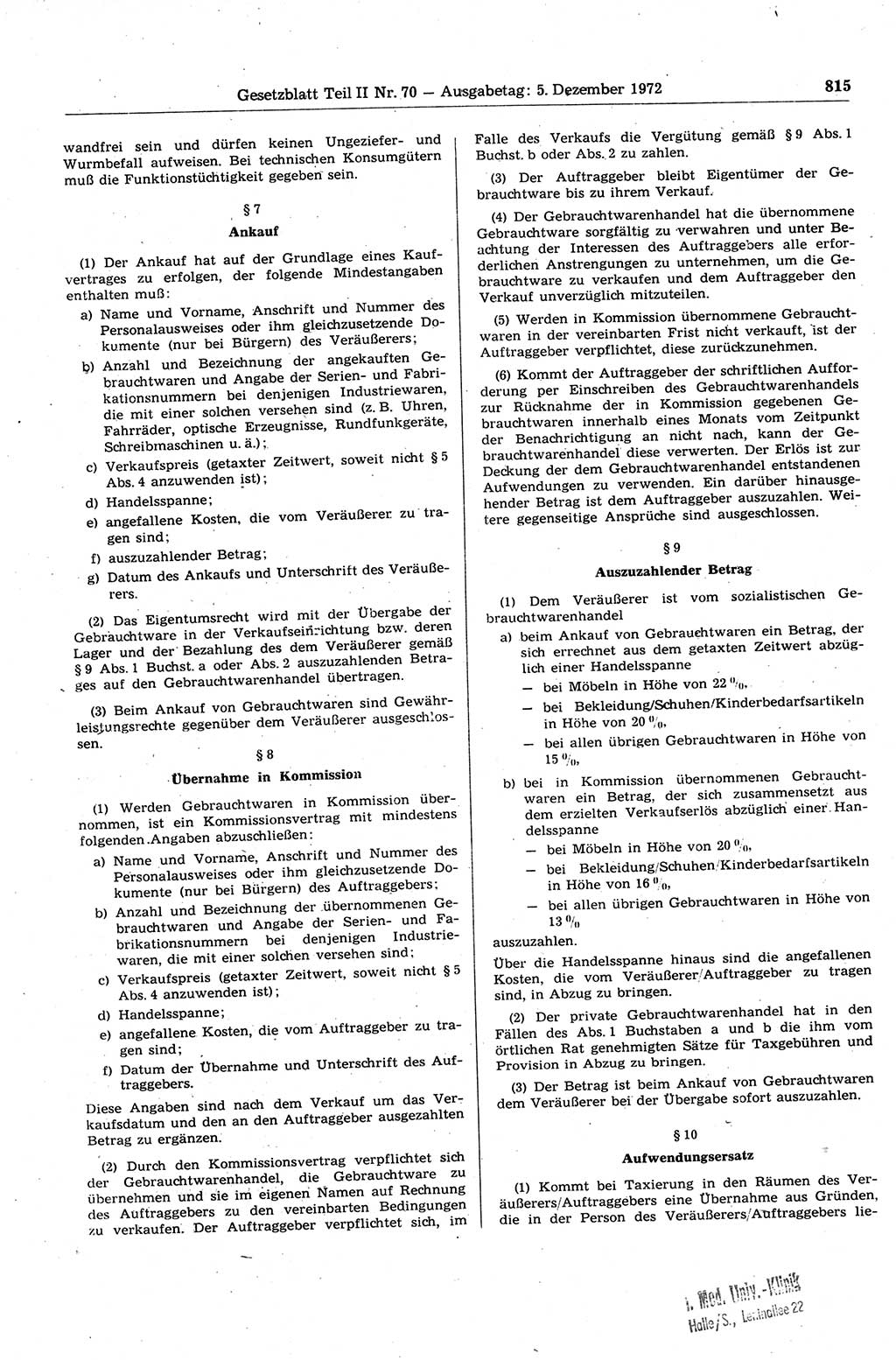 Gesetzblatt (GBl.) der Deutschen Demokratischen Republik (DDR) Teil ⅠⅠ 1972, Seite 815 (GBl. DDR ⅠⅠ 1972, S. 815)