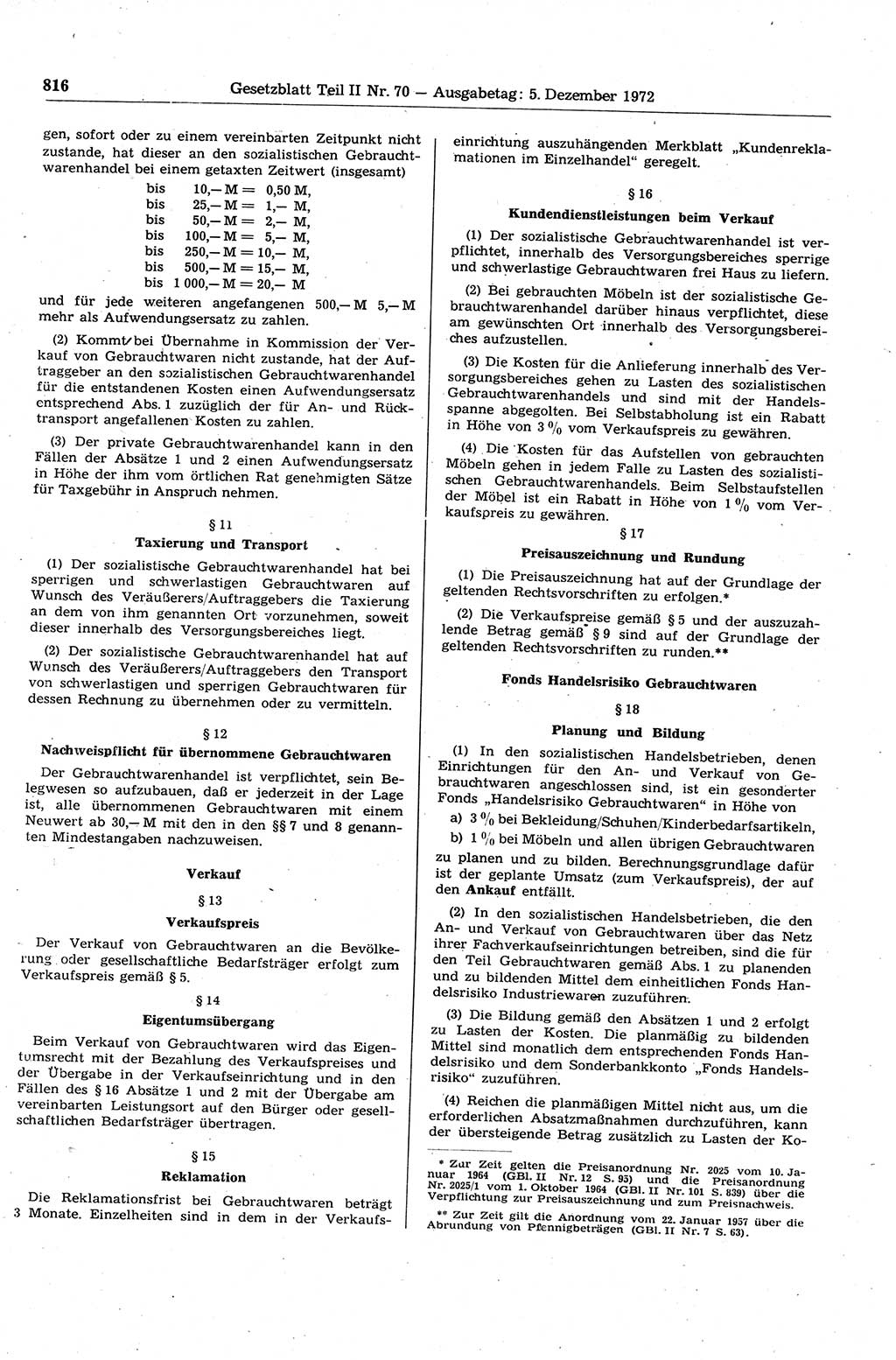 Gesetzblatt (GBl.) der Deutschen Demokratischen Republik (DDR) Teil ⅠⅠ 1972, Seite 816 (GBl. DDR ⅠⅠ 1972, S. 816)