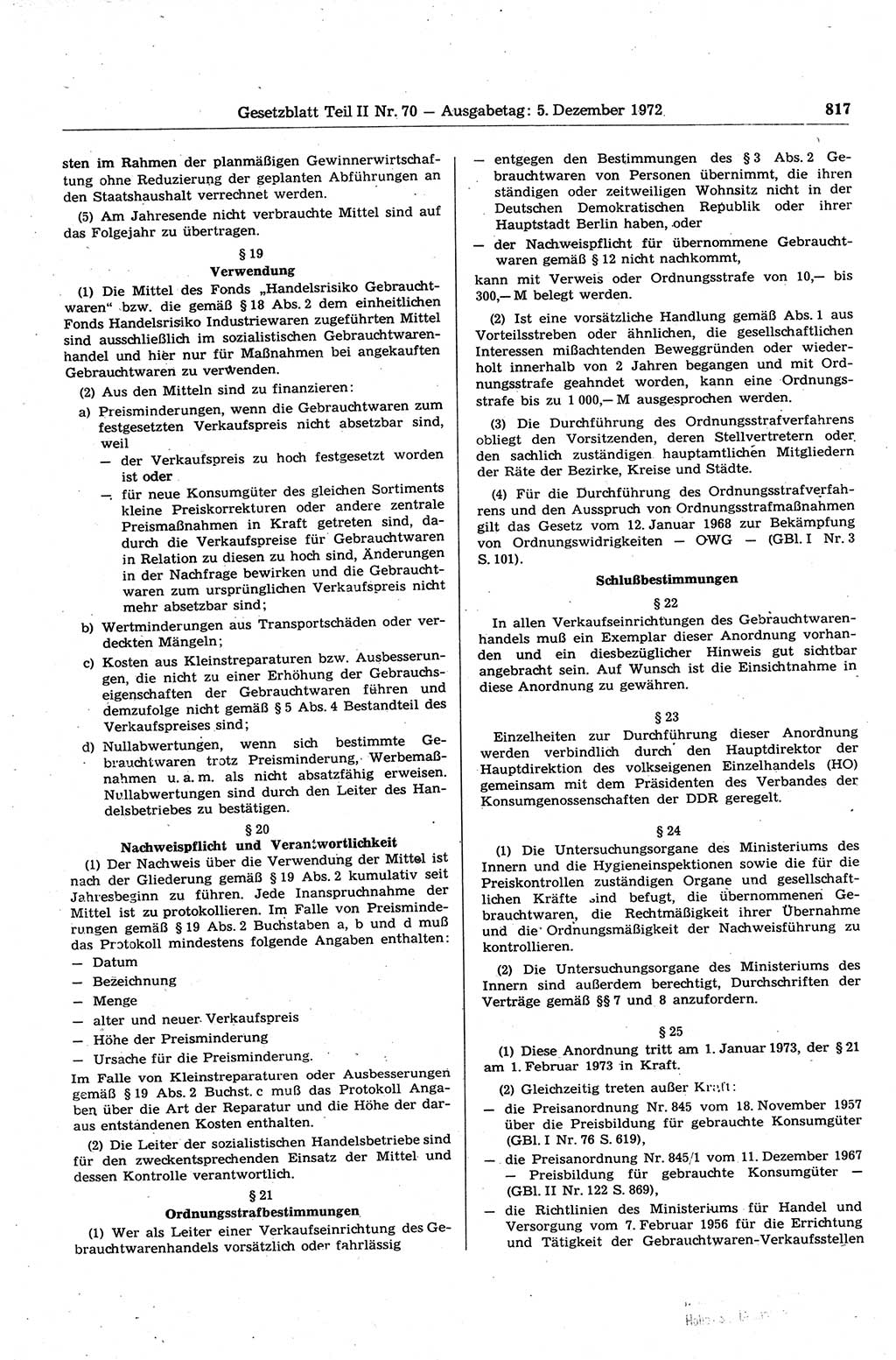 Gesetzblatt (GBl.) der Deutschen Demokratischen Republik (DDR) Teil ⅠⅠ 1972, Seite 817 (GBl. DDR ⅠⅠ 1972, S. 817)