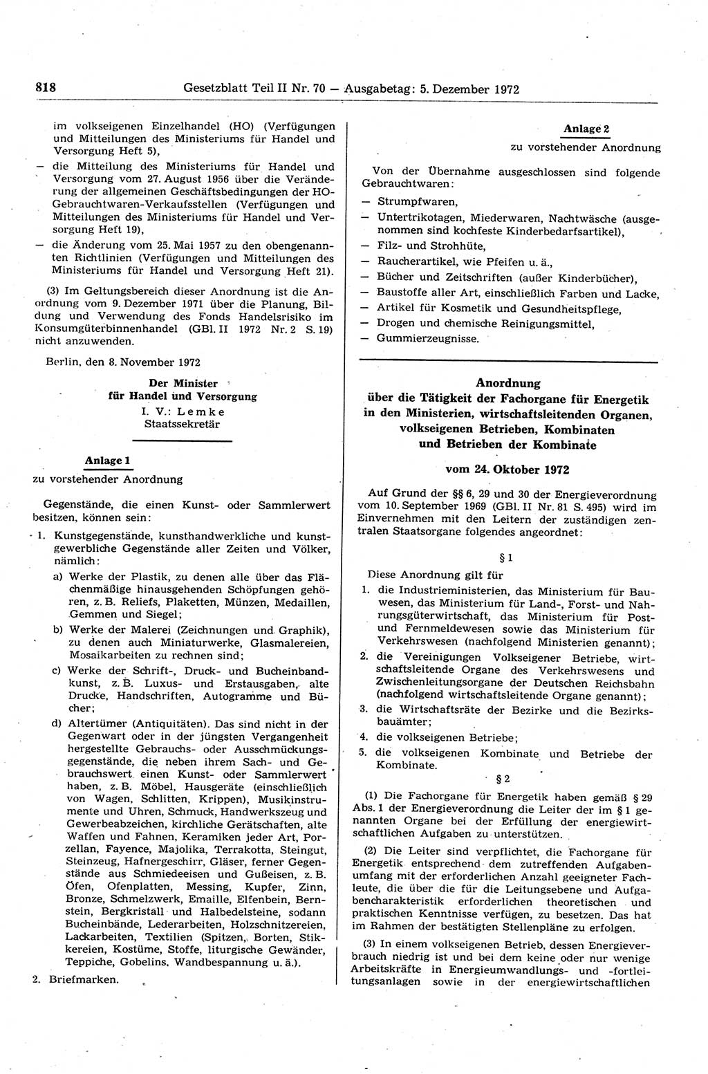 Gesetzblatt (GBl.) der Deutschen Demokratischen Republik (DDR) Teil ⅠⅠ 1972, Seite 818 (GBl. DDR ⅠⅠ 1972, S. 818)