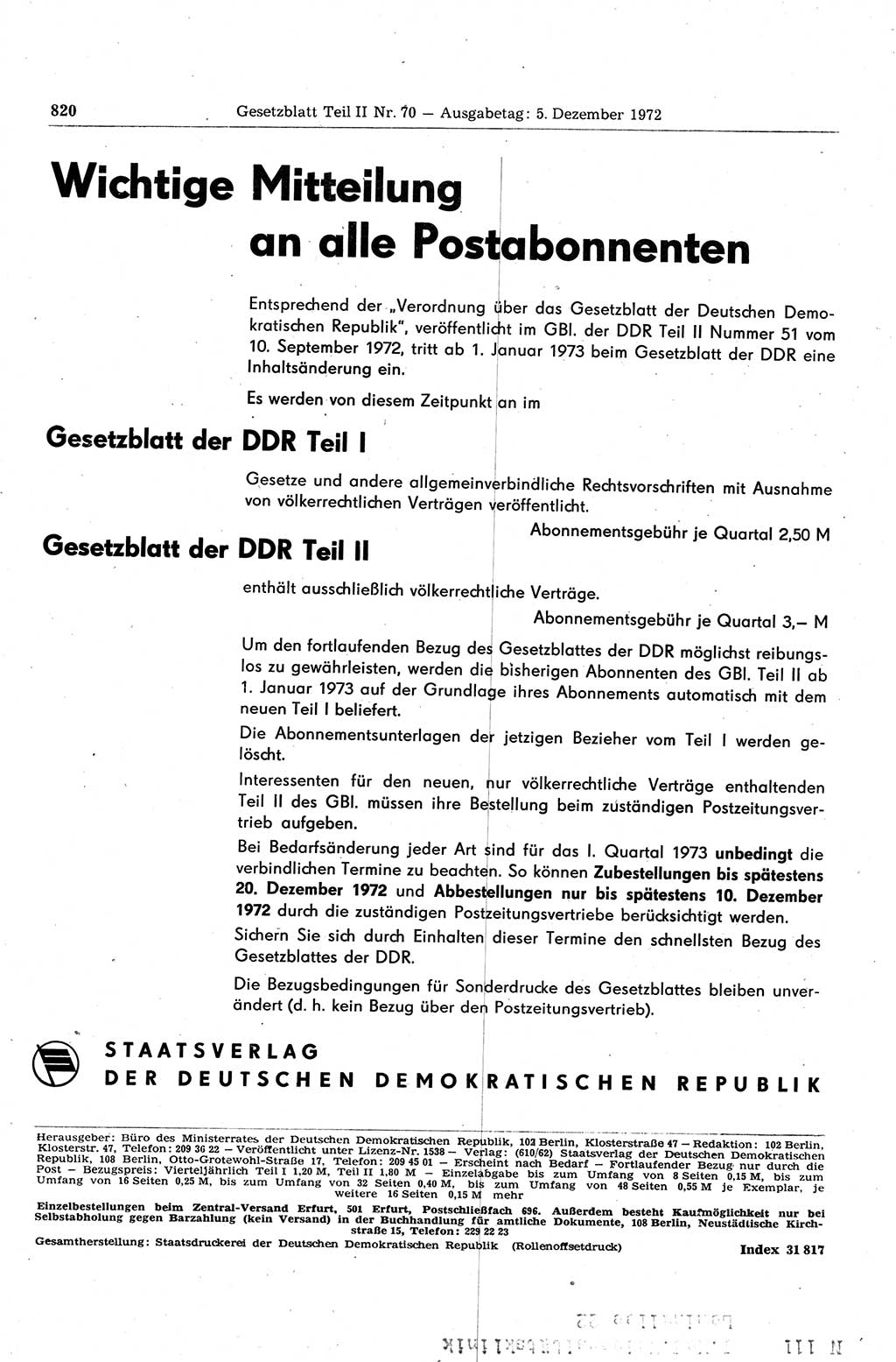 Gesetzblatt (GBl.) der Deutschen Demokratischen Republik (DDR) Teil ⅠⅠ 1972, Seite 820 (GBl. DDR ⅠⅠ 1972, S. 820)