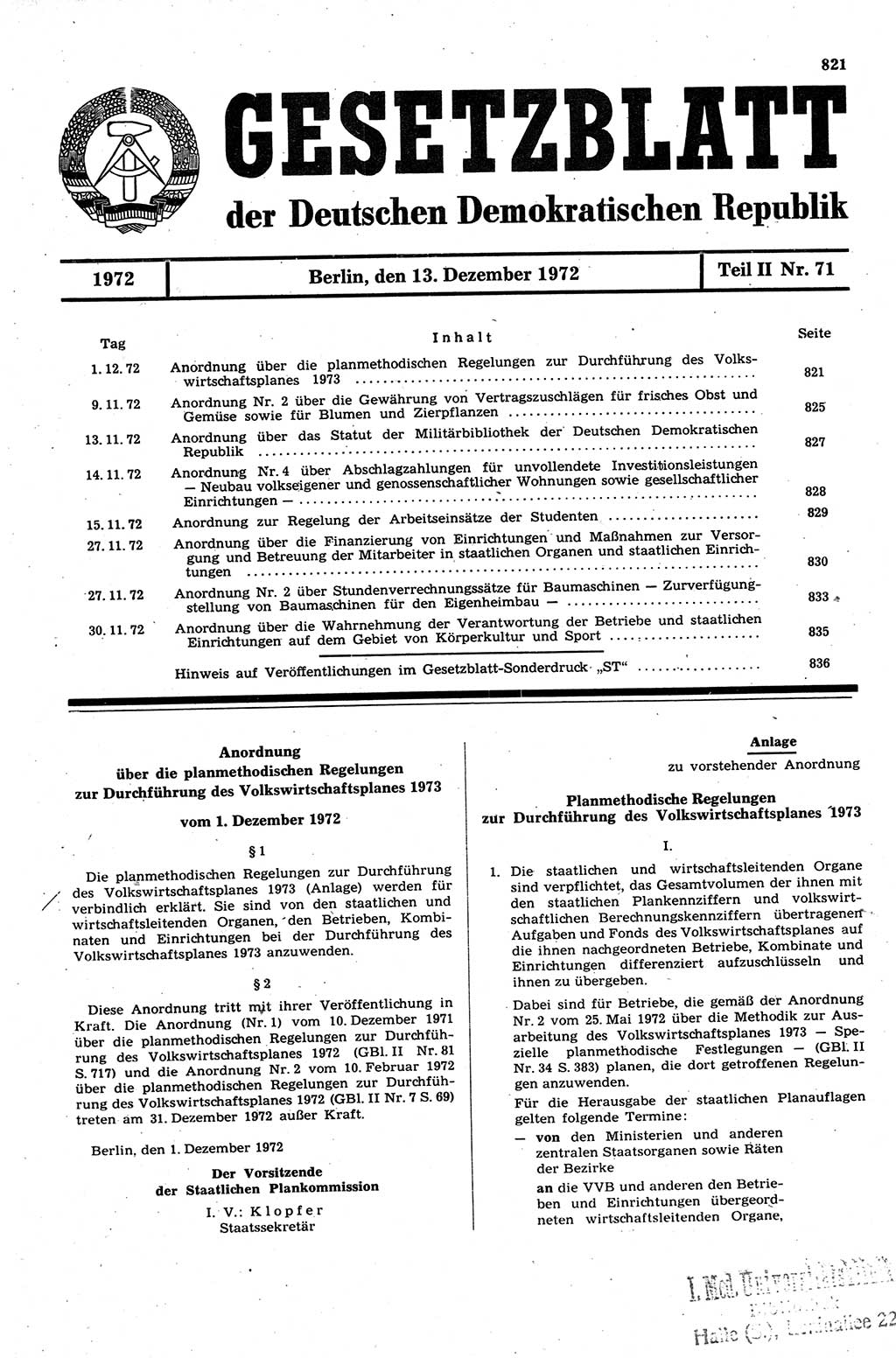 Gesetzblatt (GBl.) der Deutschen Demokratischen Republik (DDR) Teil ⅠⅠ 1972, Seite 821 (GBl. DDR ⅠⅠ 1972, S. 821)