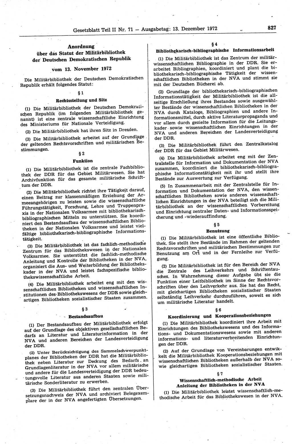 Gesetzblatt (GBl.) der Deutschen Demokratischen Republik (DDR) Teil ⅠⅠ 1972, Seite 827 (GBl. DDR ⅠⅠ 1972, S. 827)