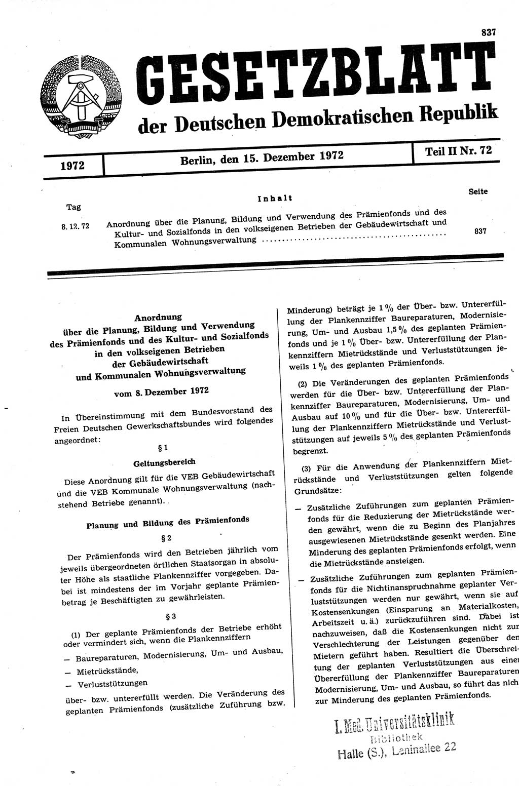 Gesetzblatt (GBl.) der Deutschen Demokratischen Republik (DDR) Teil ⅠⅠ 1972, Seite 837 (GBl. DDR ⅠⅠ 1972, S. 837)