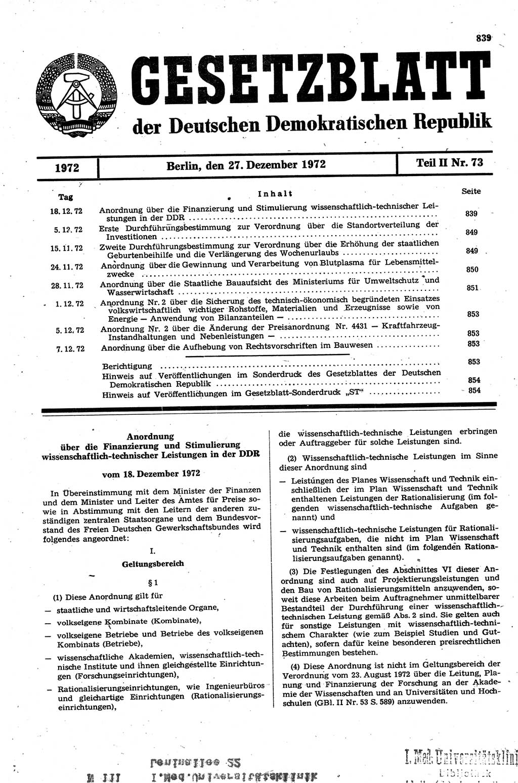 Gesetzblatt (GBl.) der Deutschen Demokratischen Republik (DDR) Teil ⅠⅠ 1972, Seite 839 (GBl. DDR ⅠⅠ 1972, S. 839)