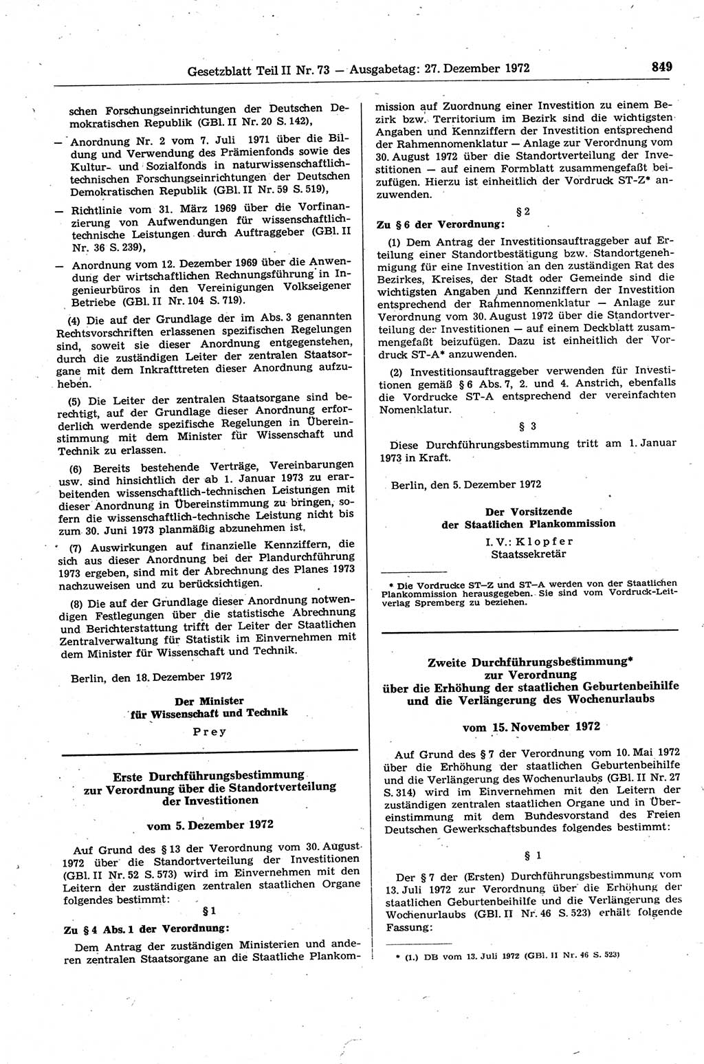 Gesetzblatt (GBl.) der Deutschen Demokratischen Republik (DDR) Teil ⅠⅠ 1972, Seite 849 (GBl. DDR ⅠⅠ 1972, S. 849)