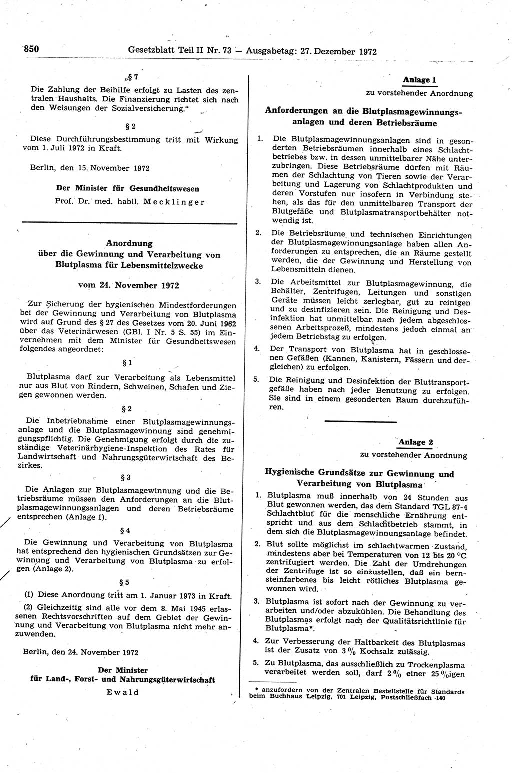 Gesetzblatt (GBl.) der Deutschen Demokratischen Republik (DDR) Teil ⅠⅠ 1972, Seite 850 (GBl. DDR ⅠⅠ 1972, S. 850)