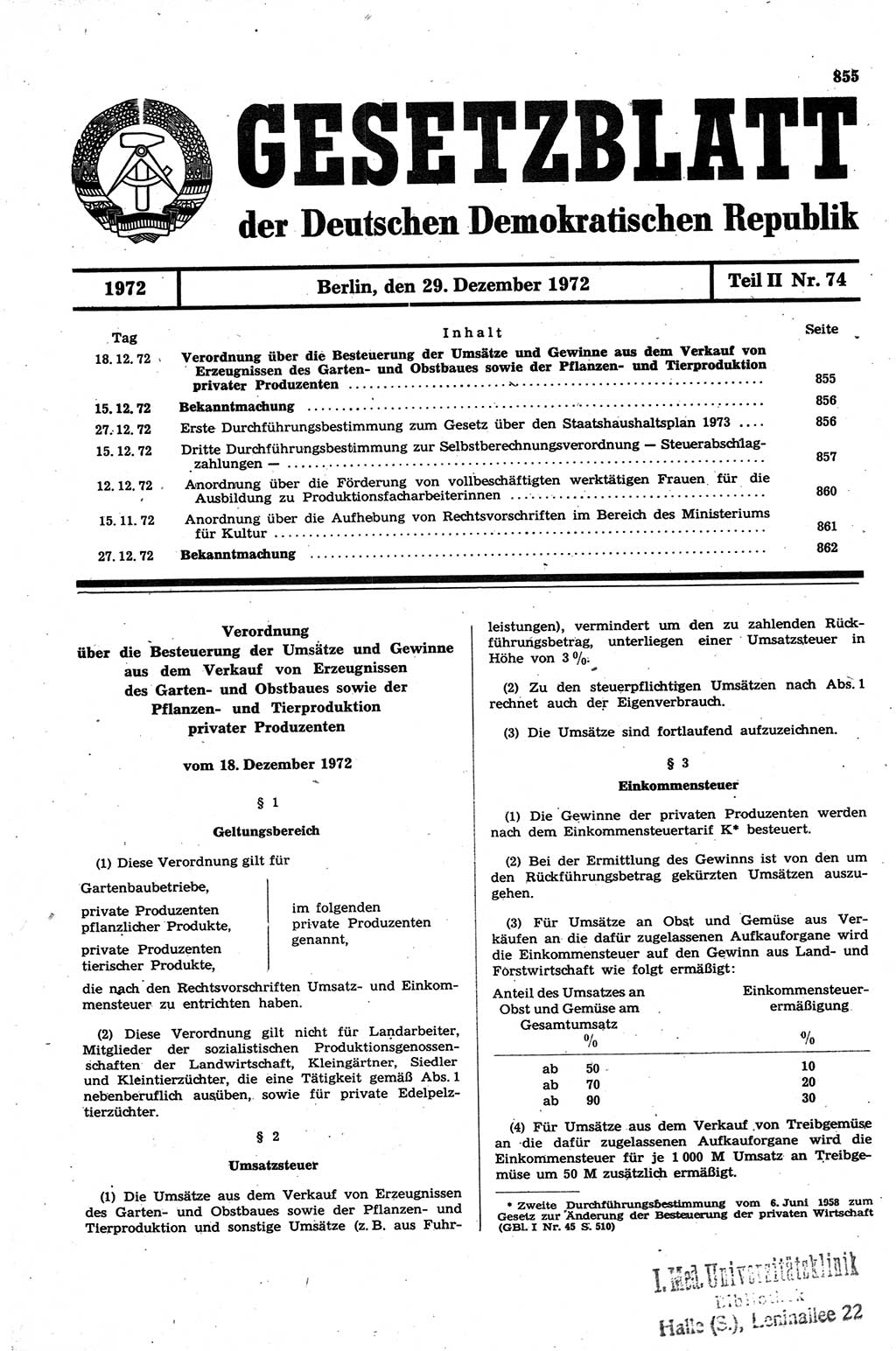 Gesetzblatt (GBl.) der Deutschen Demokratischen Republik (DDR) Teil ⅠⅠ 1972, Seite 855 (GBl. DDR ⅠⅠ 1972, S. 855)