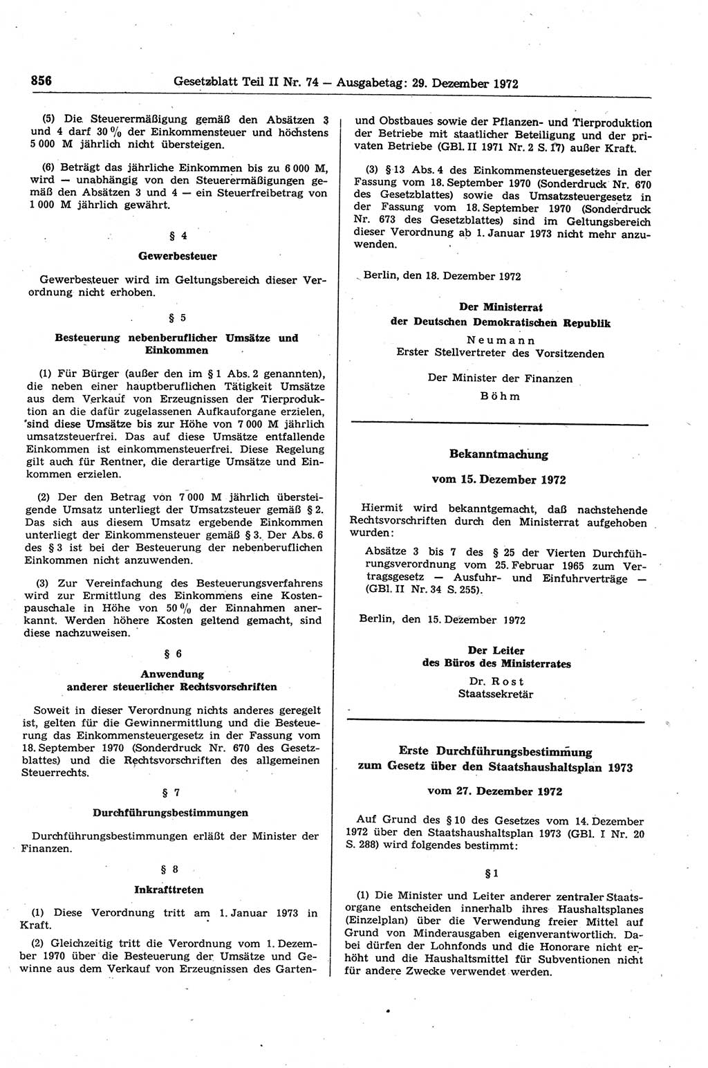 Gesetzblatt (GBl.) der Deutschen Demokratischen Republik (DDR) Teil ⅠⅠ 1972, Seite 856 (GBl. DDR ⅠⅠ 1972, S. 856)