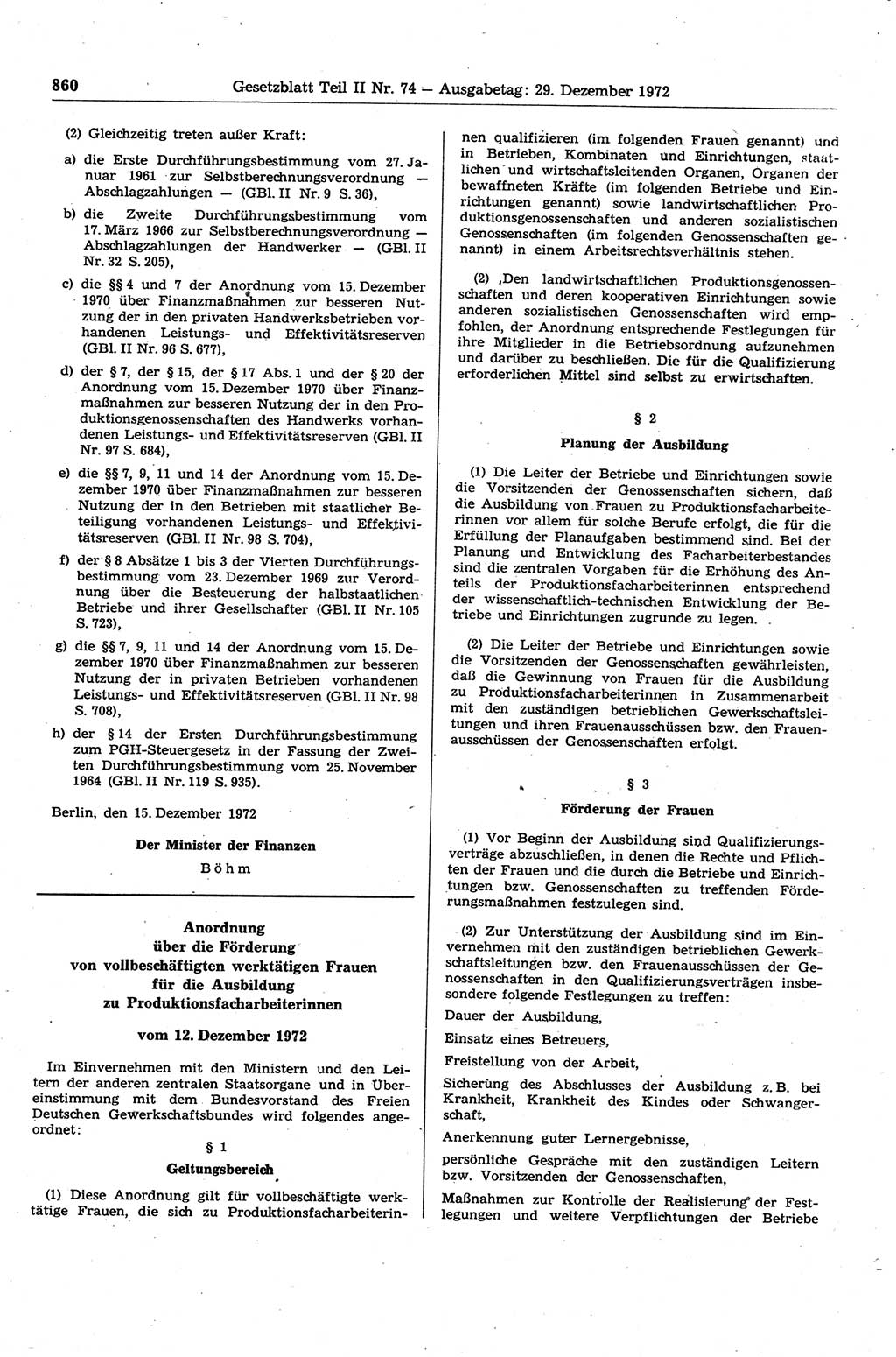 Gesetzblatt (GBl.) der Deutschen Demokratischen Republik (DDR) Teil ⅠⅠ 1972, Seite 860 (GBl. DDR ⅠⅠ 1972, S. 860)