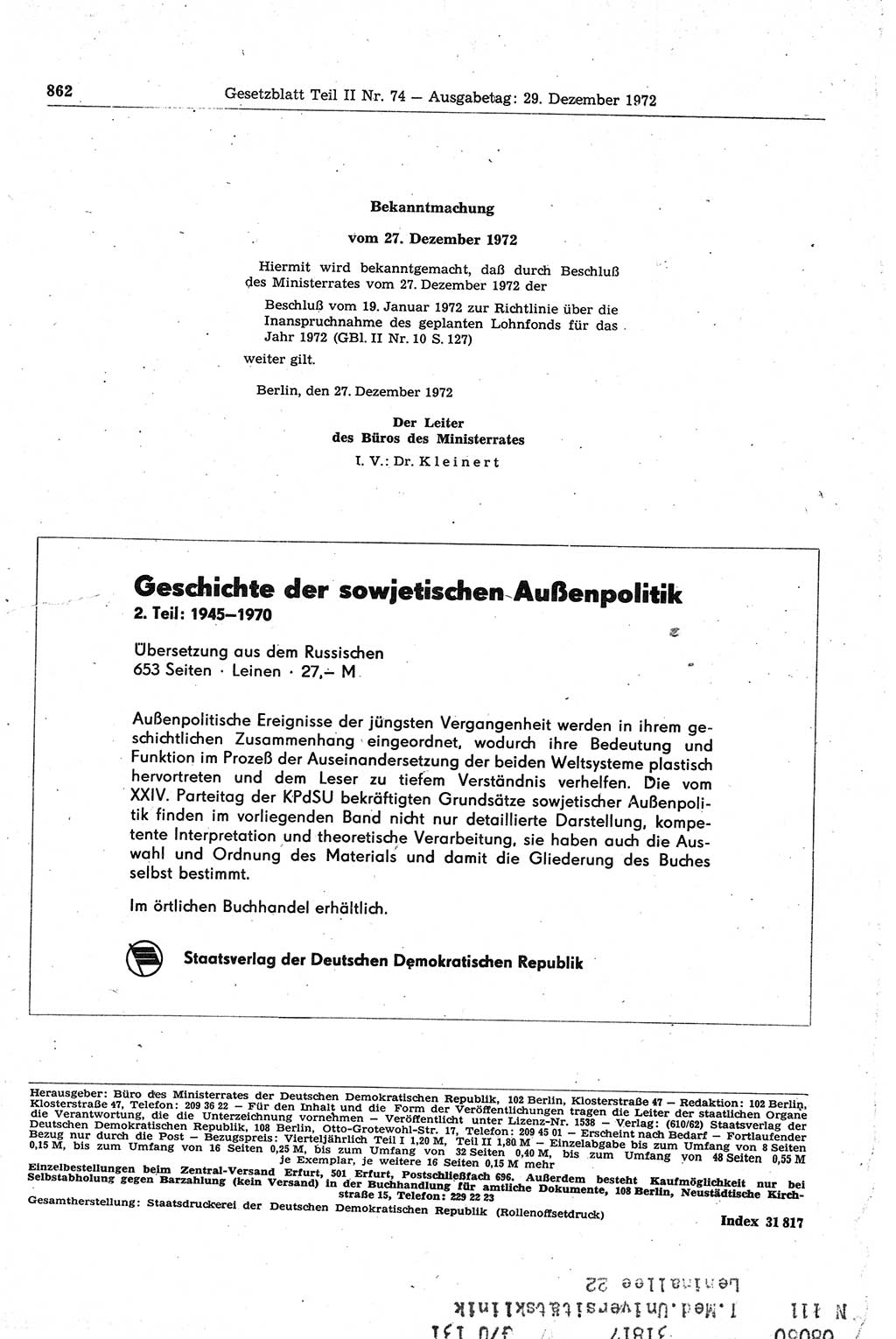 Gesetzblatt (GBl.) der Deutschen Demokratischen Republik (DDR) Teil ⅠⅠ 1972, Seite 862 (GBl. DDR ⅠⅠ 1972, S. 862)