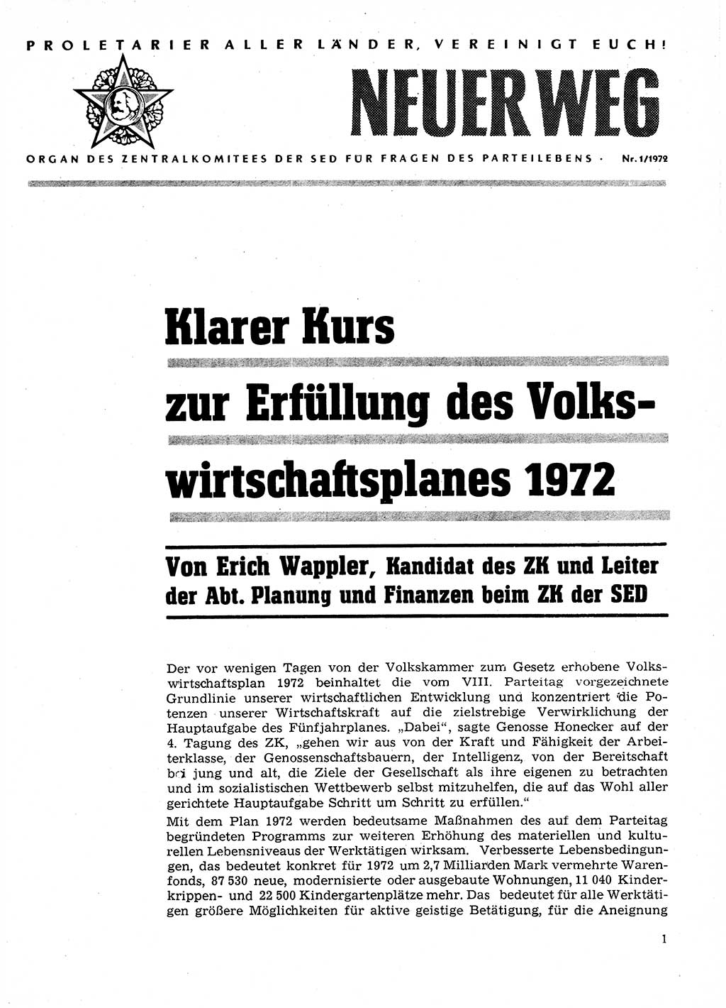 Neuer Weg (NW), Organ des Zentralkomitees (ZK) der SED (Sozialistische Einheitspartei Deutschlands) für Fragen des Parteilebens, 27. Jahrgang [Deutsche Demokratische Republik (DDR)] 1972, Seite 1 (NW ZK SED DDR 1972, S. 1)