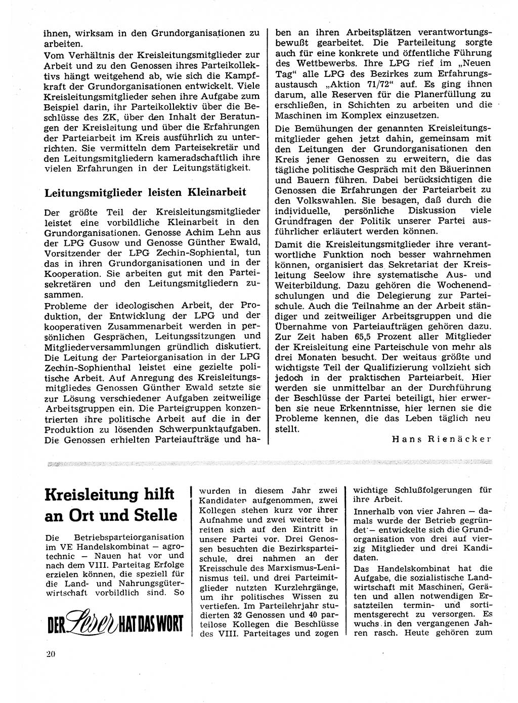 Neuer Weg (NW), Organ des Zentralkomitees (ZK) der SED (Sozialistische Einheitspartei Deutschlands) für Fragen des Parteilebens, 27. Jahrgang [Deutsche Demokratische Republik (DDR)] 1972, Seite 20 (NW ZK SED DDR 1972, S. 20)