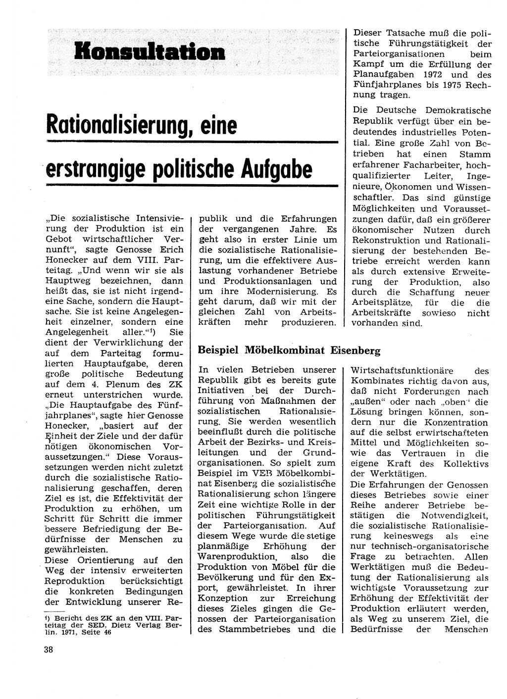 Neuer Weg (NW), Organ des Zentralkomitees (ZK) der SED (Sozialistische Einheitspartei Deutschlands) für Fragen des Parteilebens, 27. Jahrgang [Deutsche Demokratische Republik (DDR)] 1972, Seite 38 (NW ZK SED DDR 1972, S. 38)