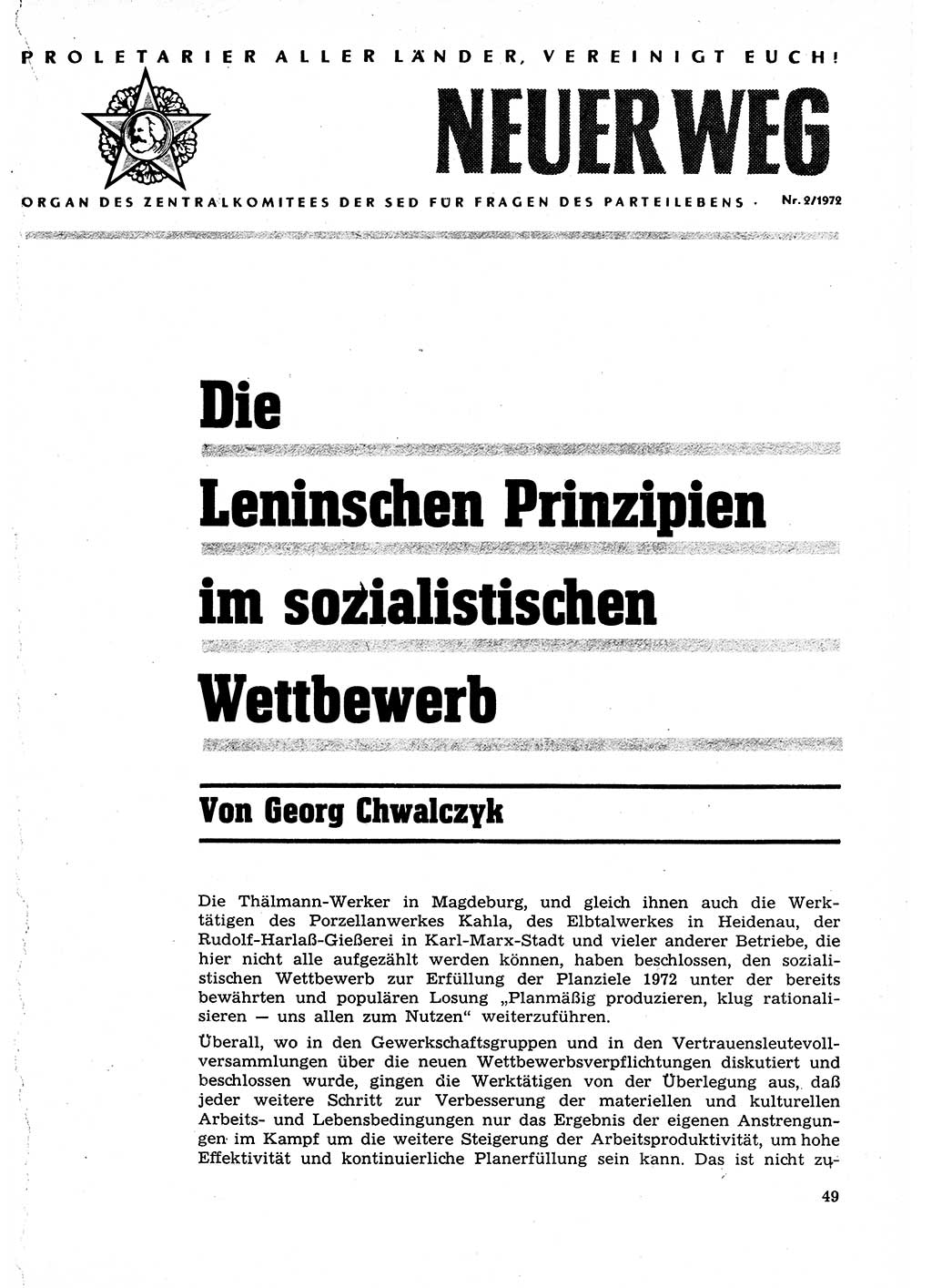 Neuer Weg (NW), Organ des Zentralkomitees (ZK) der SED (Sozialistische Einheitspartei Deutschlands) für Fragen des Parteilebens, 27. Jahrgang [Deutsche Demokratische Republik (DDR)] 1972, Seite 49 (NW ZK SED DDR 1972, S. 49)