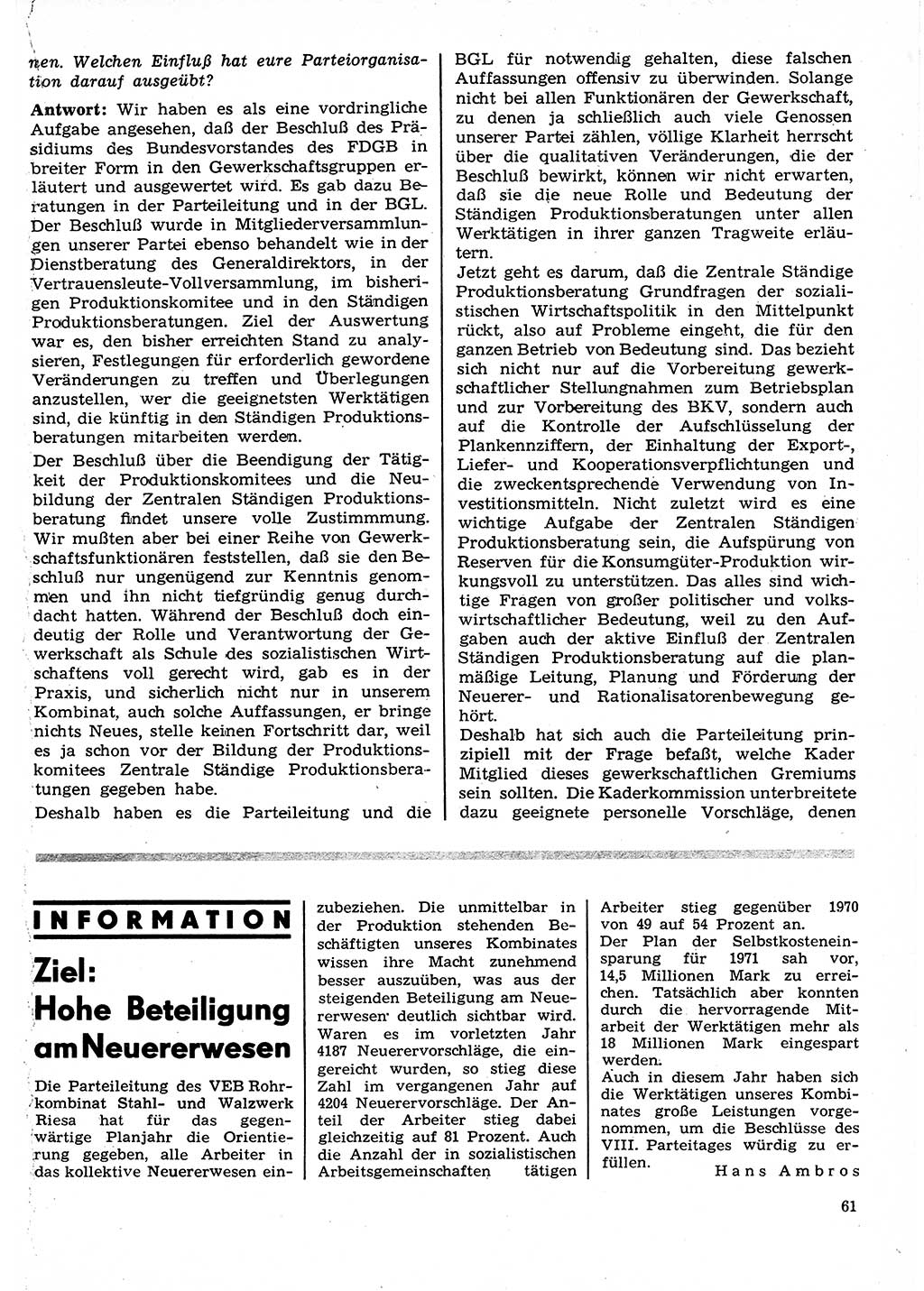 Neuer Weg (NW), Organ des Zentralkomitees (ZK) der SED (Sozialistische Einheitspartei Deutschlands) für Fragen des Parteilebens, 27. Jahrgang [Deutsche Demokratische Republik (DDR)] 1972, Seite 61 (NW ZK SED DDR 1972, S. 61)