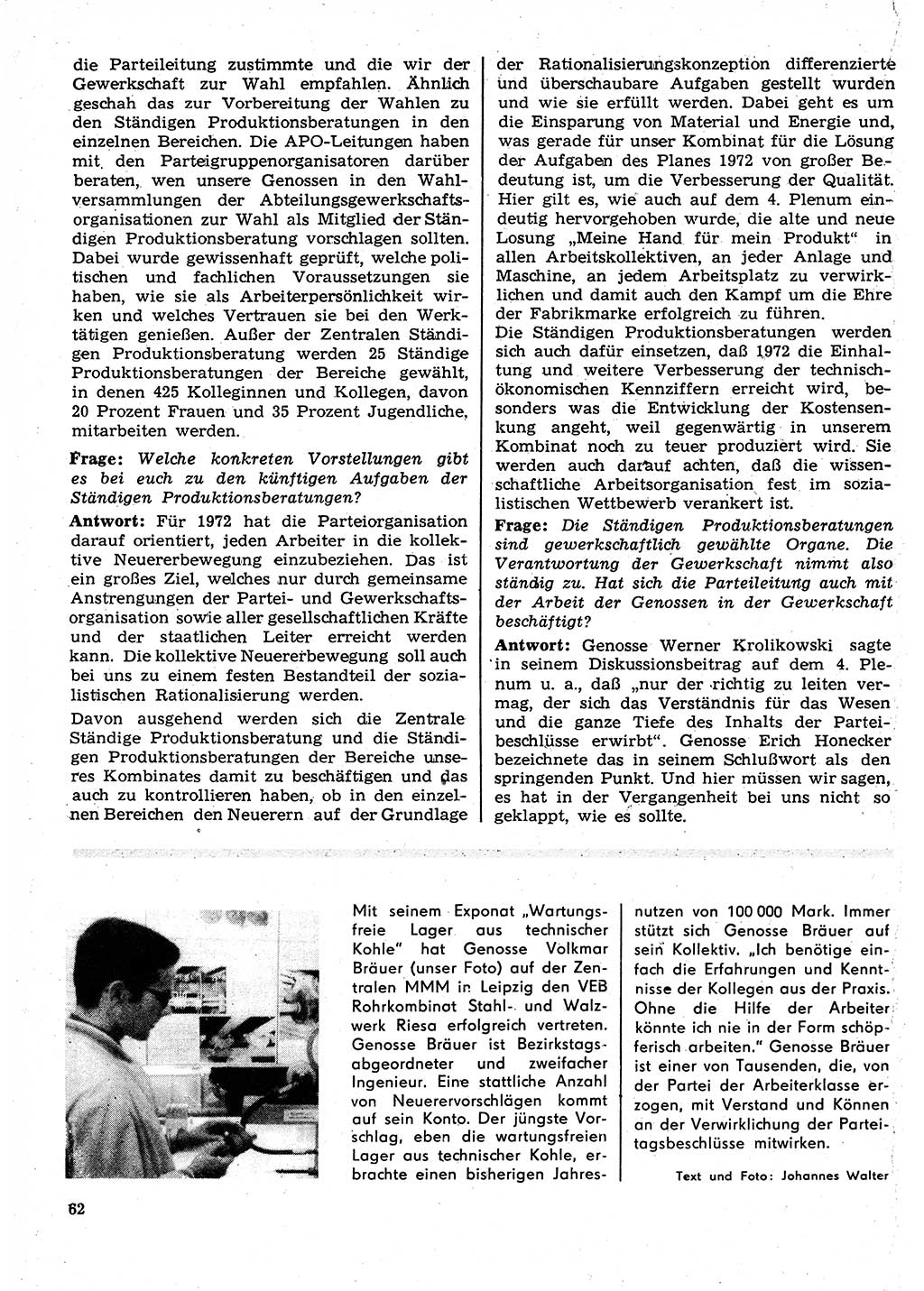 Neuer Weg (NW), Organ des Zentralkomitees (ZK) der SED (Sozialistische Einheitspartei Deutschlands) für Fragen des Parteilebens, 27. Jahrgang [Deutsche Demokratische Republik (DDR)] 1972, Seite 62 (NW ZK SED DDR 1972, S. 62)