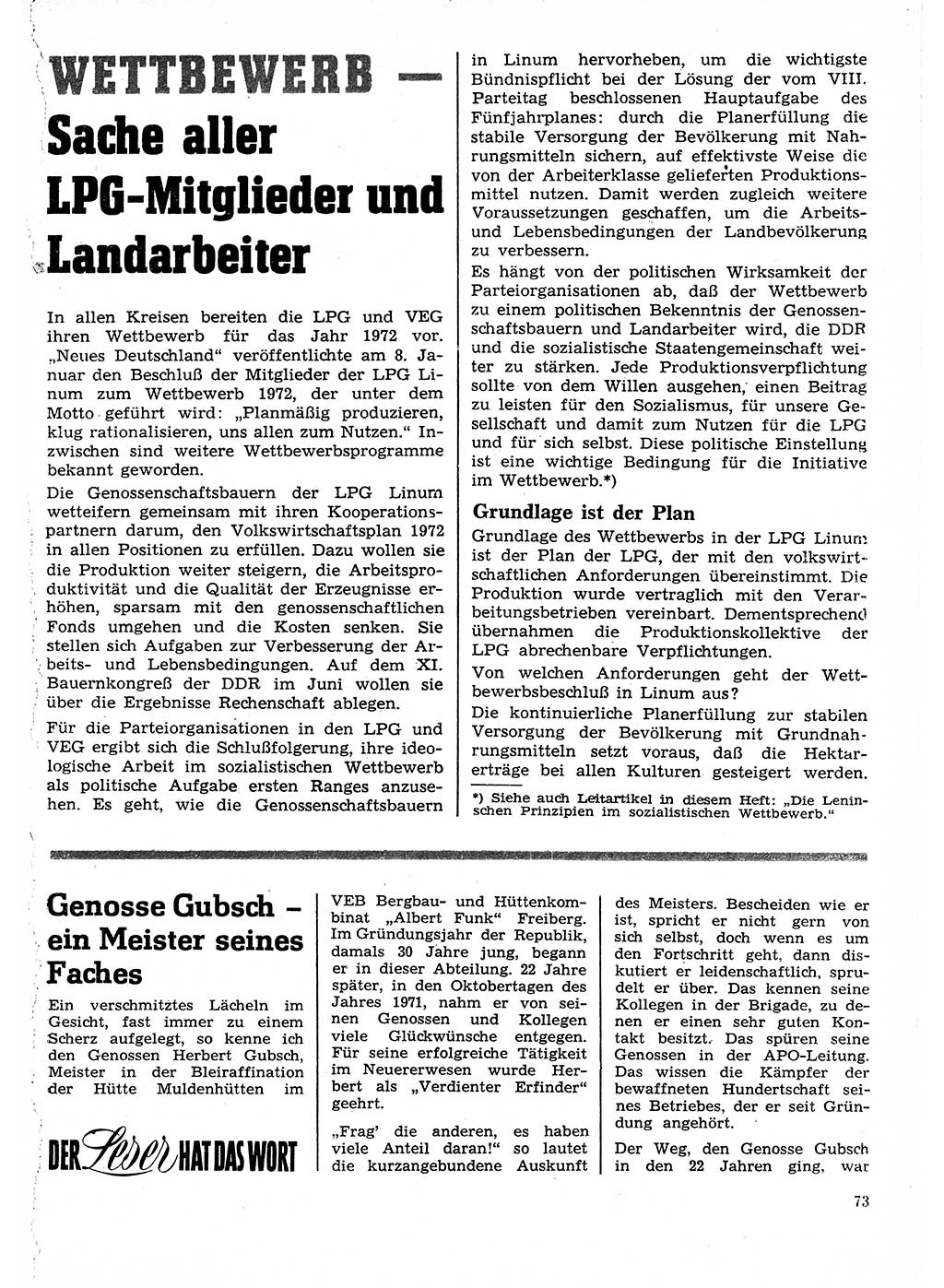 Neuer Weg (NW), Organ des Zentralkomitees (ZK) der SED (Sozialistische Einheitspartei Deutschlands) für Fragen des Parteilebens, 27. Jahrgang [Deutsche Demokratische Republik (DDR)] 1972, Seite 73 (NW ZK SED DDR 1972, S. 73)