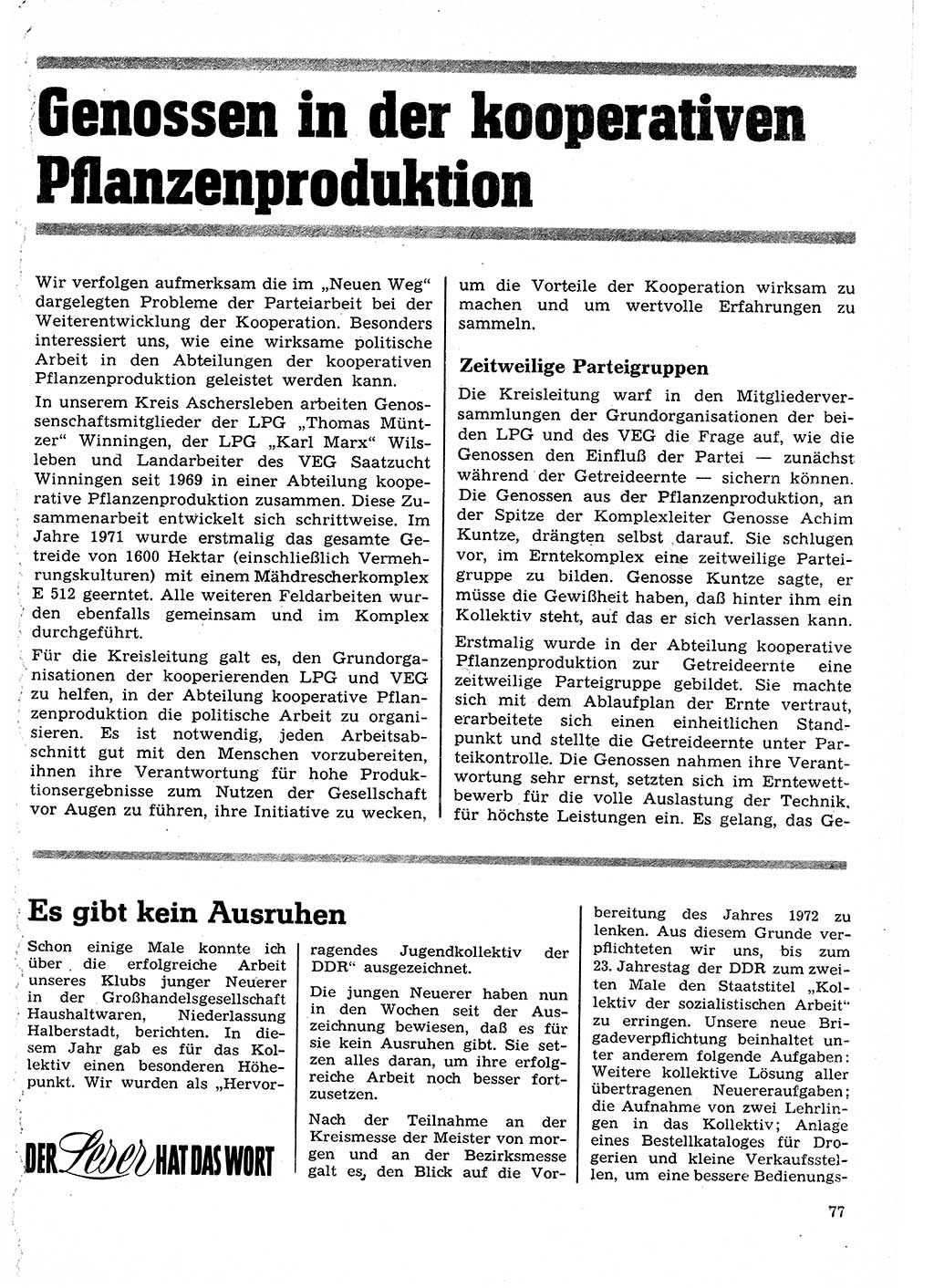 Neuer Weg (NW), Organ des Zentralkomitees (ZK) der SED (Sozialistische Einheitspartei Deutschlands) für Fragen des Parteilebens, 27. Jahrgang [Deutsche Demokratische Republik (DDR)] 1972, Seite 77 (NW ZK SED DDR 1972, S. 77)
