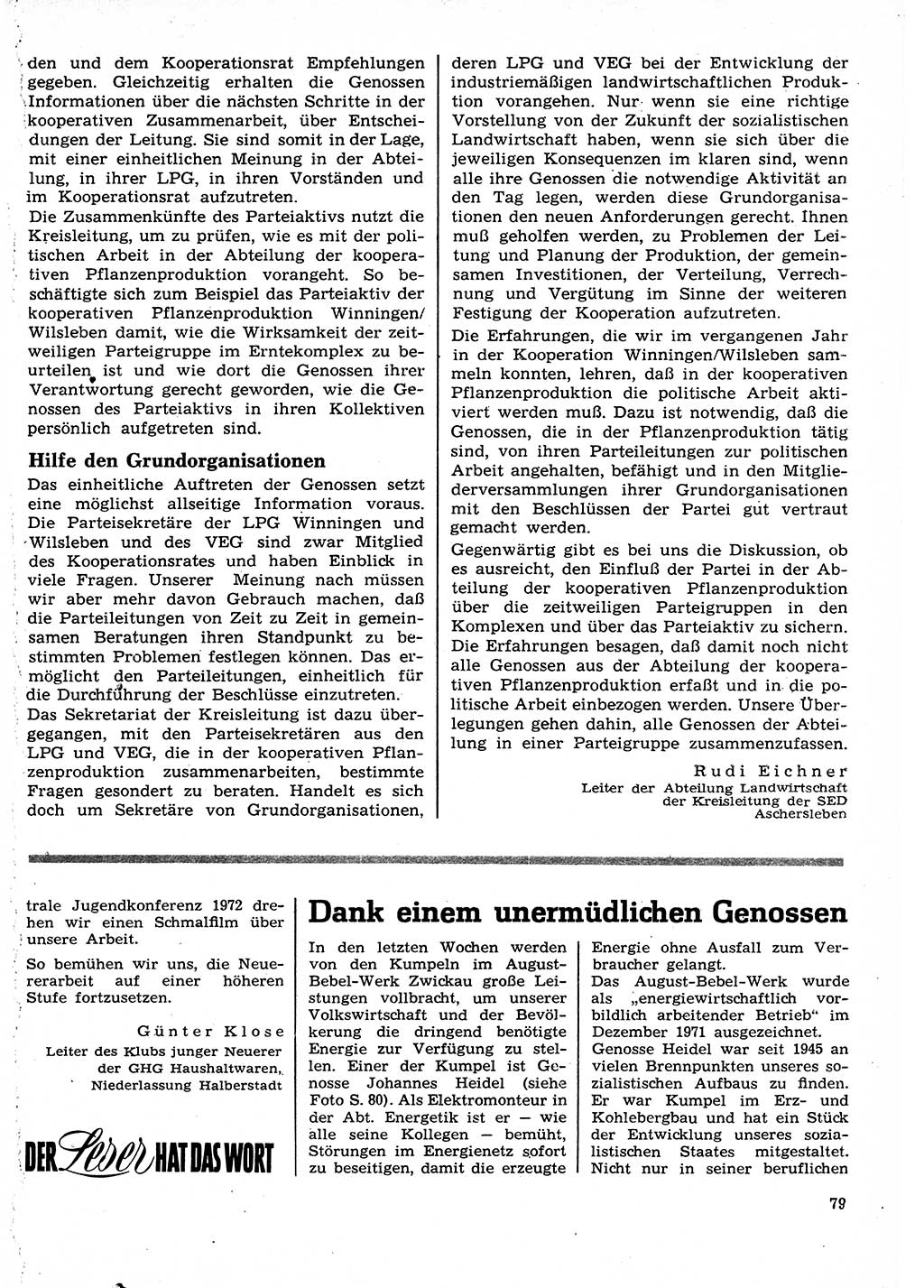 Neuer Weg (NW), Organ des Zentralkomitees (ZK) der SED (Sozialistische Einheitspartei Deutschlands) für Fragen des Parteilebens, 27. Jahrgang [Deutsche Demokratische Republik (DDR)] 1972, Seite 79 (NW ZK SED DDR 1972, S. 79)