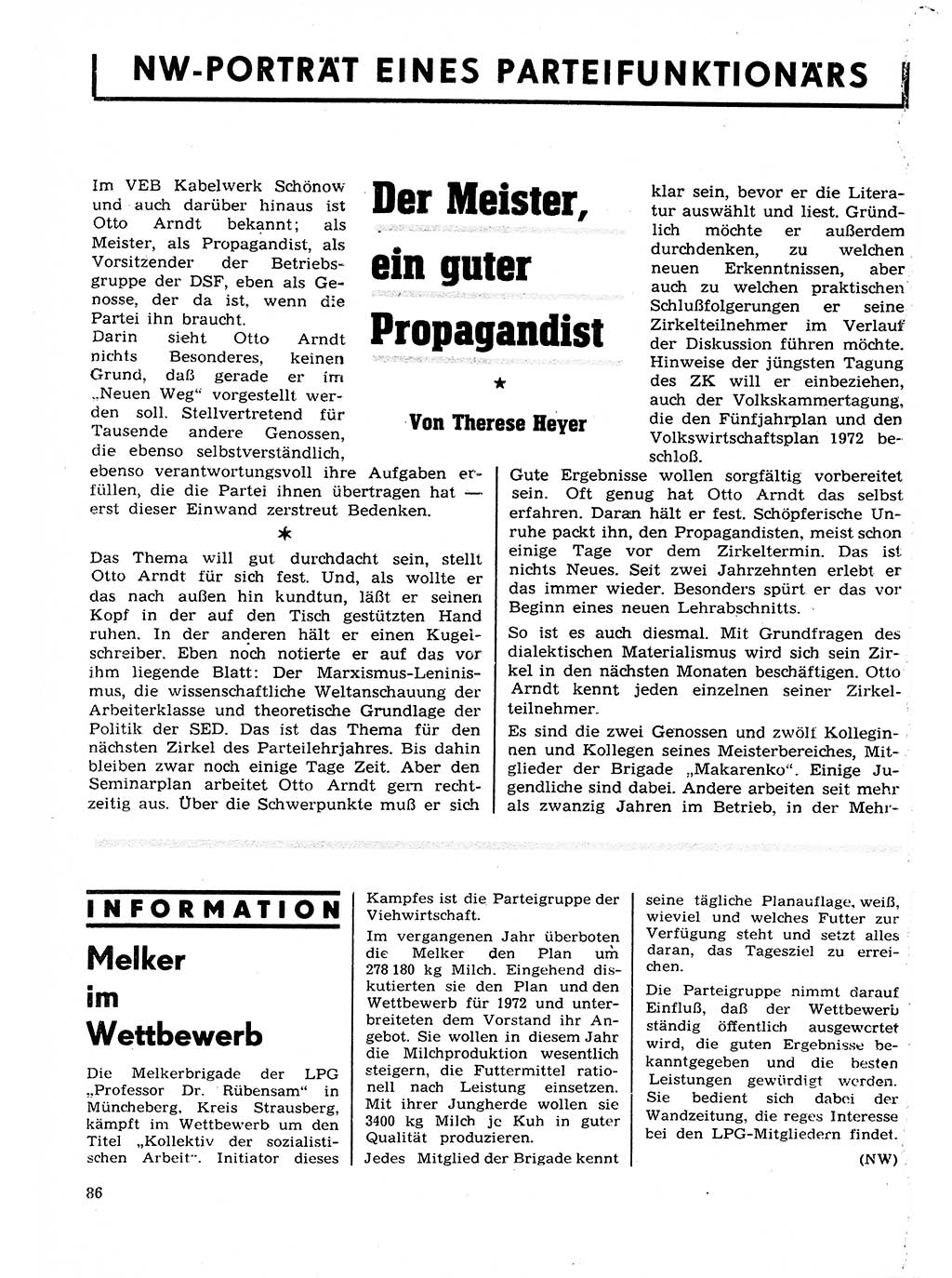 Neuer Weg (NW), Organ des Zentralkomitees (ZK) der SED (Sozialistische Einheitspartei Deutschlands) für Fragen des Parteilebens, 27. Jahrgang [Deutsche Demokratische Republik (DDR)] 1972, Seite 86 (NW ZK SED DDR 1972, S. 86)