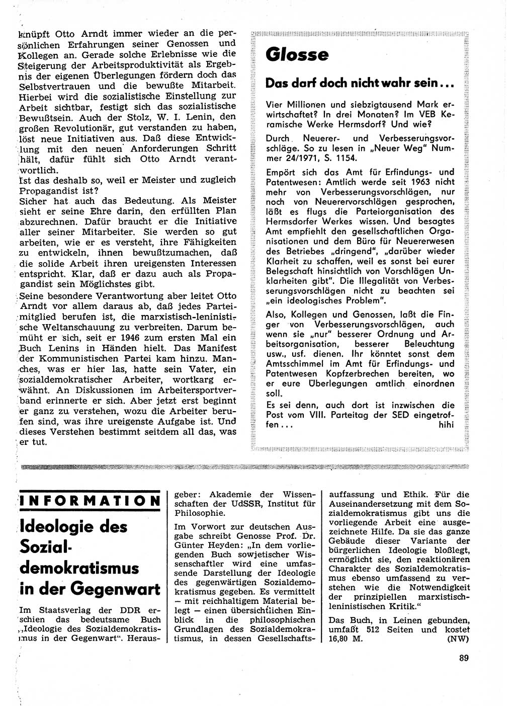 Neuer Weg (NW), Organ des Zentralkomitees (ZK) der SED (Sozialistische Einheitspartei Deutschlands) für Fragen des Parteilebens, 27. Jahrgang [Deutsche Demokratische Republik (DDR)] 1972, Seite 89 (NW ZK SED DDR 1972, S. 89)