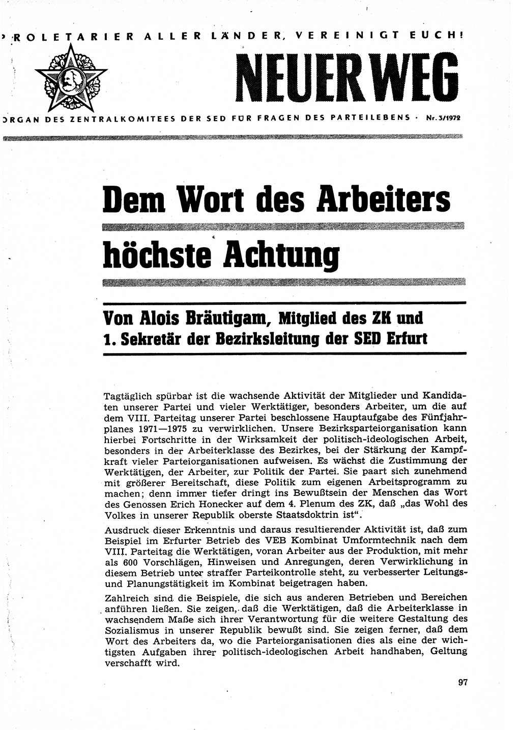 Neuer Weg (NW), Organ des Zentralkomitees (ZK) der SED (Sozialistische Einheitspartei Deutschlands) für Fragen des Parteilebens, 27. Jahrgang [Deutsche Demokratische Republik (DDR)] 1972, Seite 97 (NW ZK SED DDR 1972, S. 97)