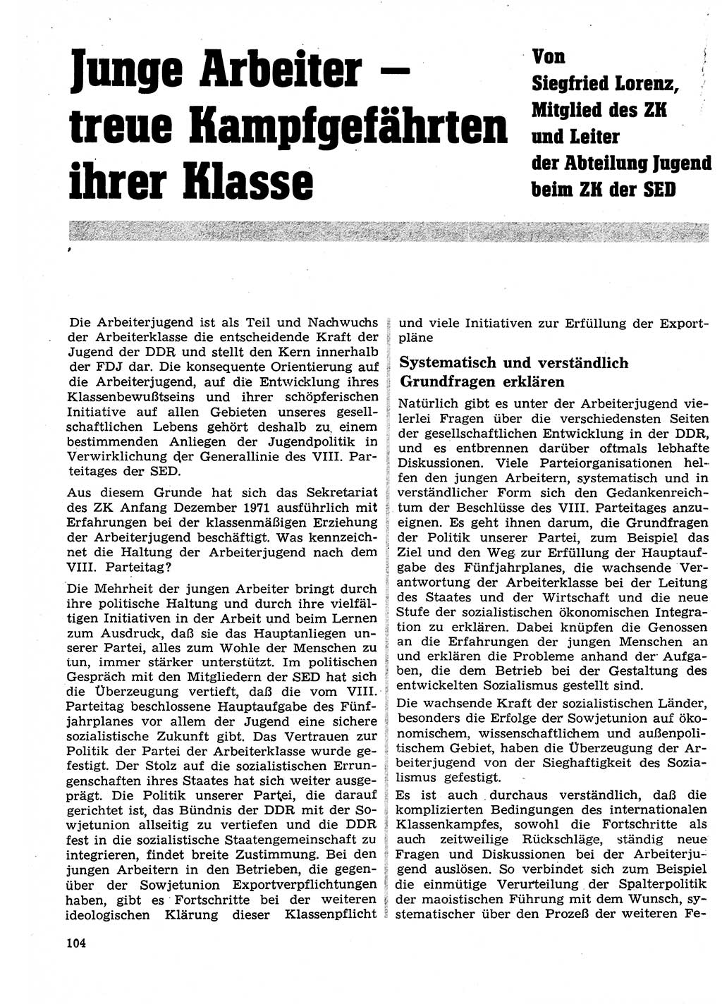 Neuer Weg (NW), Organ des Zentralkomitees (ZK) der SED (Sozialistische Einheitspartei Deutschlands) für Fragen des Parteilebens, 27. Jahrgang [Deutsche Demokratische Republik (DDR)] 1972, Seite 104 (NW ZK SED DDR 1972, S. 104)