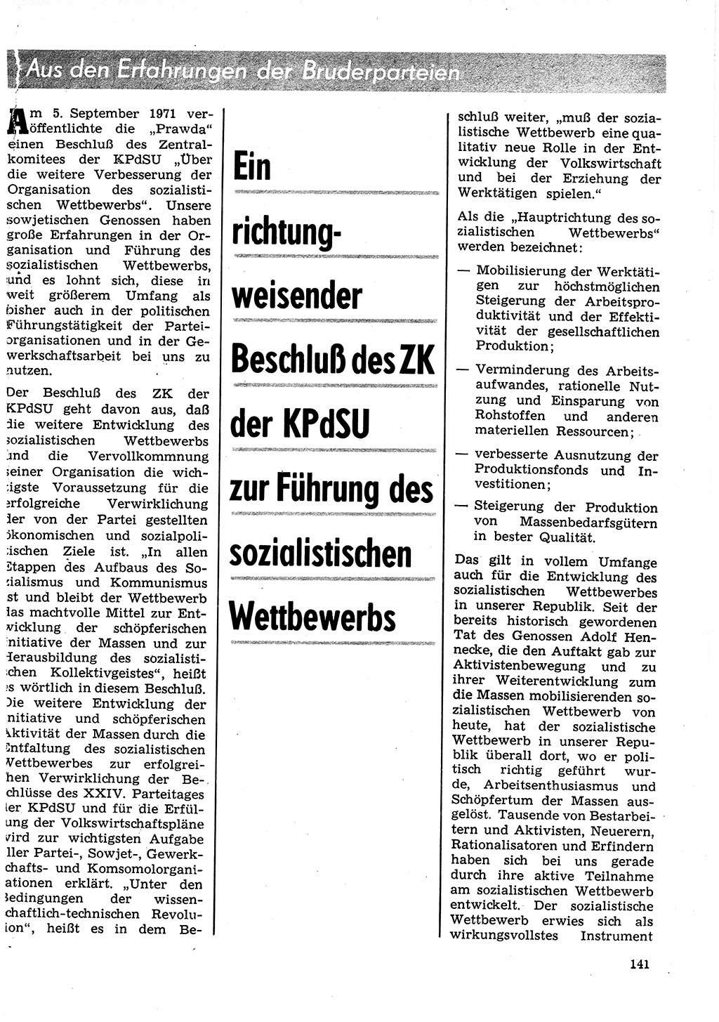 Neuer Weg (NW), Organ des Zentralkomitees (ZK) der SED (Sozialistische Einheitspartei Deutschlands) für Fragen des Parteilebens, 27. Jahrgang [Deutsche Demokratische Republik (DDR)] 1972, Seite 141 (NW ZK SED DDR 1972, S. 141)