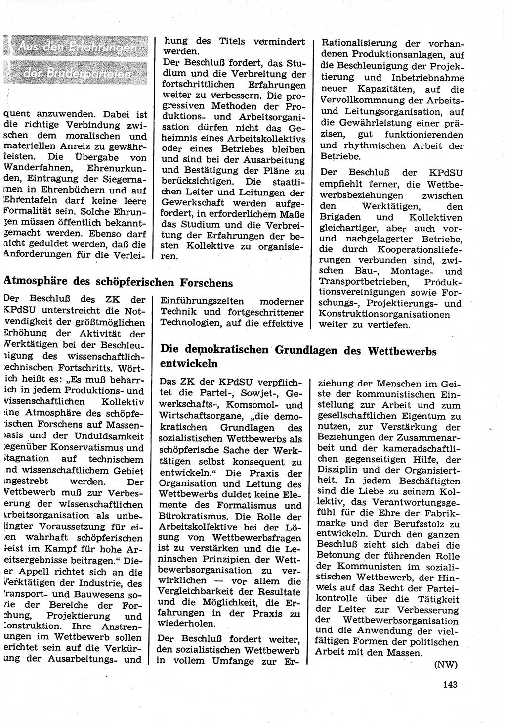 Neuer Weg (NW), Organ des Zentralkomitees (ZK) der SED (Sozialistische Einheitspartei Deutschlands) für Fragen des Parteilebens, 27. Jahrgang [Deutsche Demokratische Republik (DDR)] 1972, Seite 143 (NW ZK SED DDR 1972, S. 143)