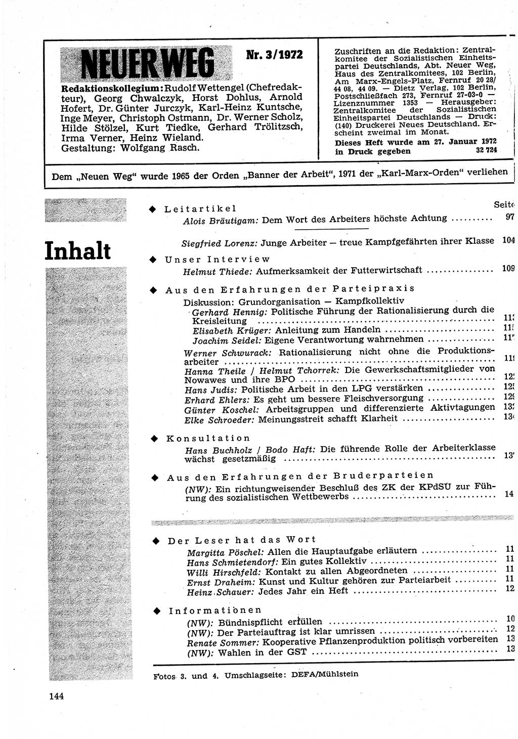 Neuer Weg (NW), Organ des Zentralkomitees (ZK) der SED (Sozialistische Einheitspartei Deutschlands) für Fragen des Parteilebens, 27. Jahrgang [Deutsche Demokratische Republik (DDR)] 1972, Seite 144 (NW ZK SED DDR 1972, S. 144)