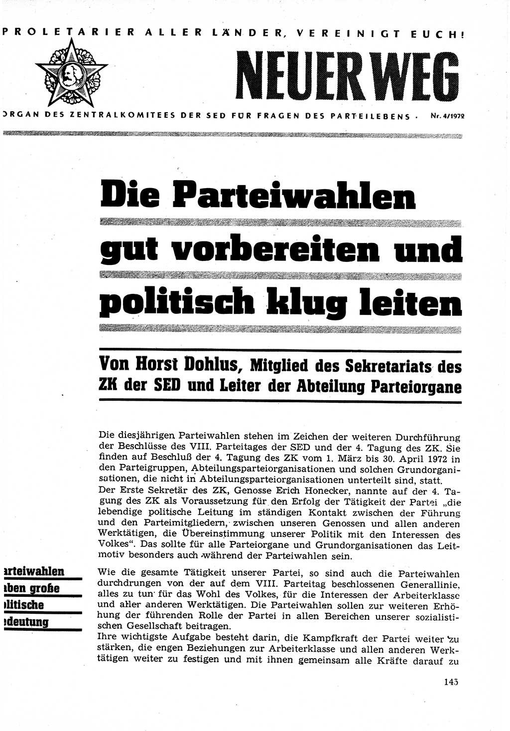 Neuer Weg (NW), Organ des Zentralkomitees (ZK) der SED (Sozialistische Einheitspartei Deutschlands) für Fragen des Parteilebens, 27. Jahrgang [Deutsche Demokratische Republik (DDR)] 1972, Seite 145 (NW ZK SED DDR 1972, S. 145)