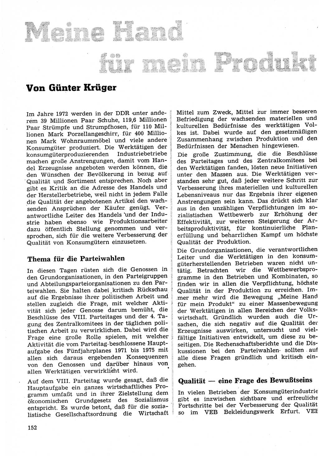 Neuer Weg (NW), Organ des Zentralkomitees (ZK) der SED (Sozialistische Einheitspartei Deutschlands) für Fragen des Parteilebens, 27. Jahrgang [Deutsche Demokratische Republik (DDR)] 1972, Seite 152 (NW ZK SED DDR 1972, S. 152)