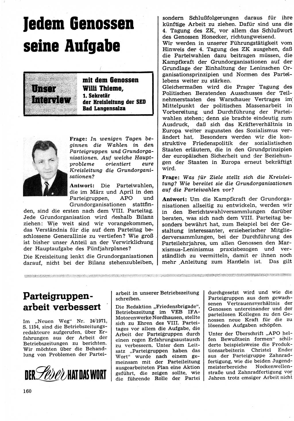 Neuer Weg (NW), Organ des Zentralkomitees (ZK) der SED (Sozialistische Einheitspartei Deutschlands) für Fragen des Parteilebens, 27. Jahrgang [Deutsche Demokratische Republik (DDR)] 1972, Seite 160 (NW ZK SED DDR 1972, S. 160)